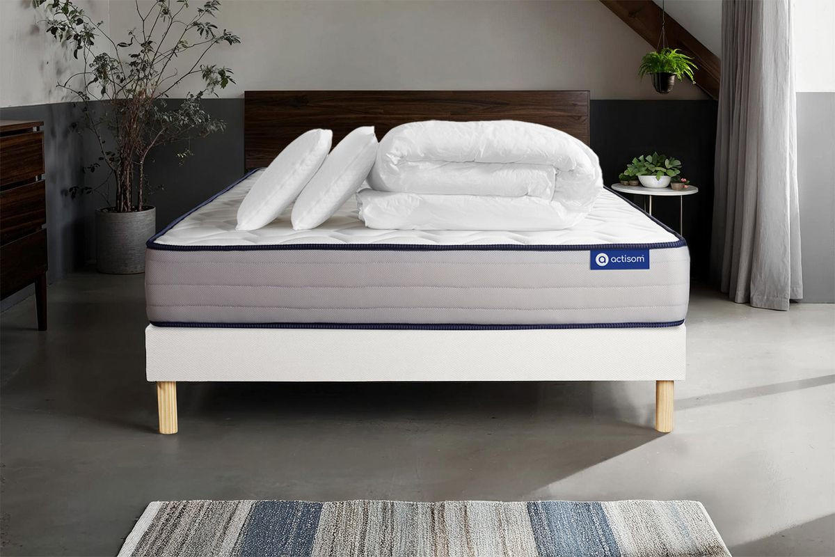 BETT Actimemo form Memory-Schaum 200 x 200 cm h3 - Kit Bettgestell Weiß - Mit Kissen und Bettdecke - Beige/Weiß, Karton/Holz (200/200cm) - ACTISOM