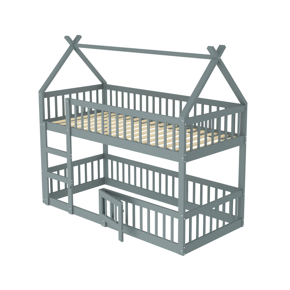 ETAGENBETT 90/200 cm mit Treppe, hoher Umrandung und Tür, Grau - Grau, Holzwerkstoff (90/200cm) - Redom