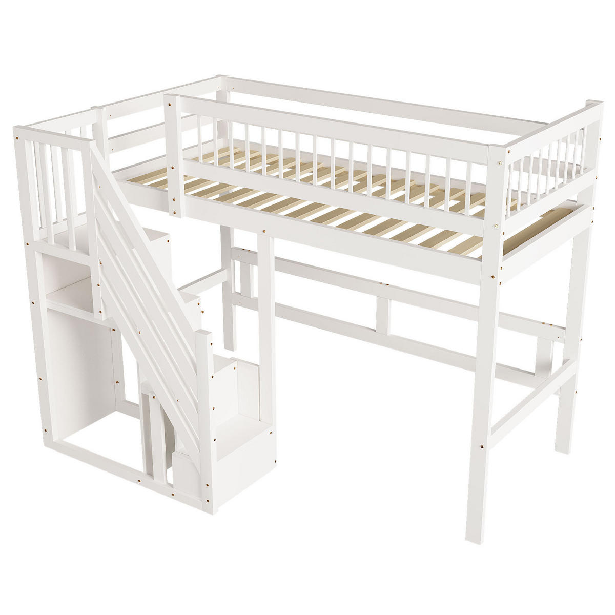 VYSOKÁ postel 90/200 cm bílá s úložnými schody z masivního dřeva - bílá, kompozitní dřevo (90/200cm) - OKWISH