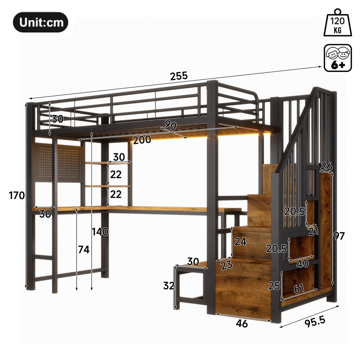 HOCHBETT aus Metall und MDF 90x200 cm Schwarz mit Schreibtisch, Stauraumtreppe, LED, USB und USB-C - Schwarz, Holzwerkstoff (90/200cm) - IVMEU