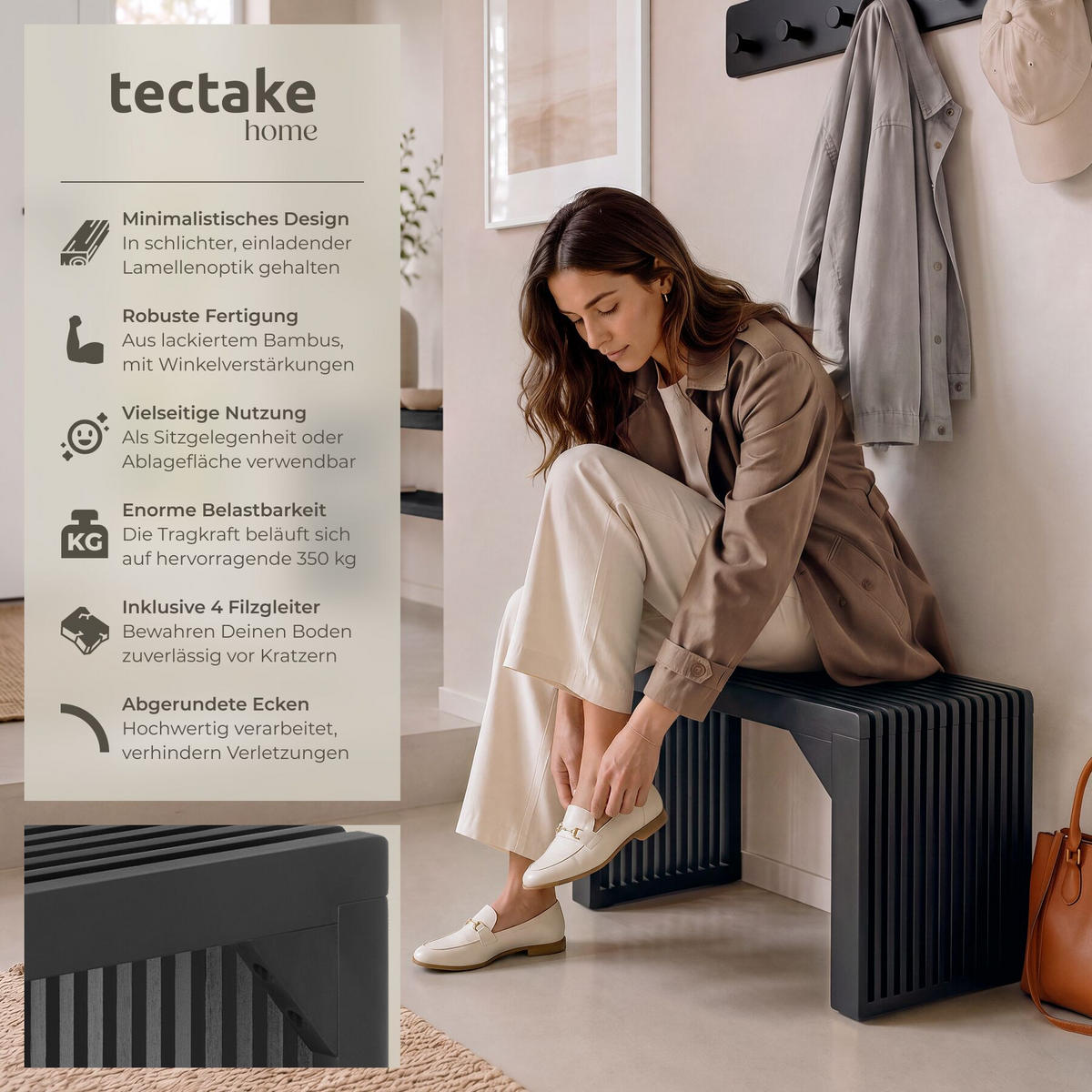 SITZBANK Ribb, Belastbarkeit 350 kg, schwarz - Schwarz, Holz (73/43/35cm) - tectake
