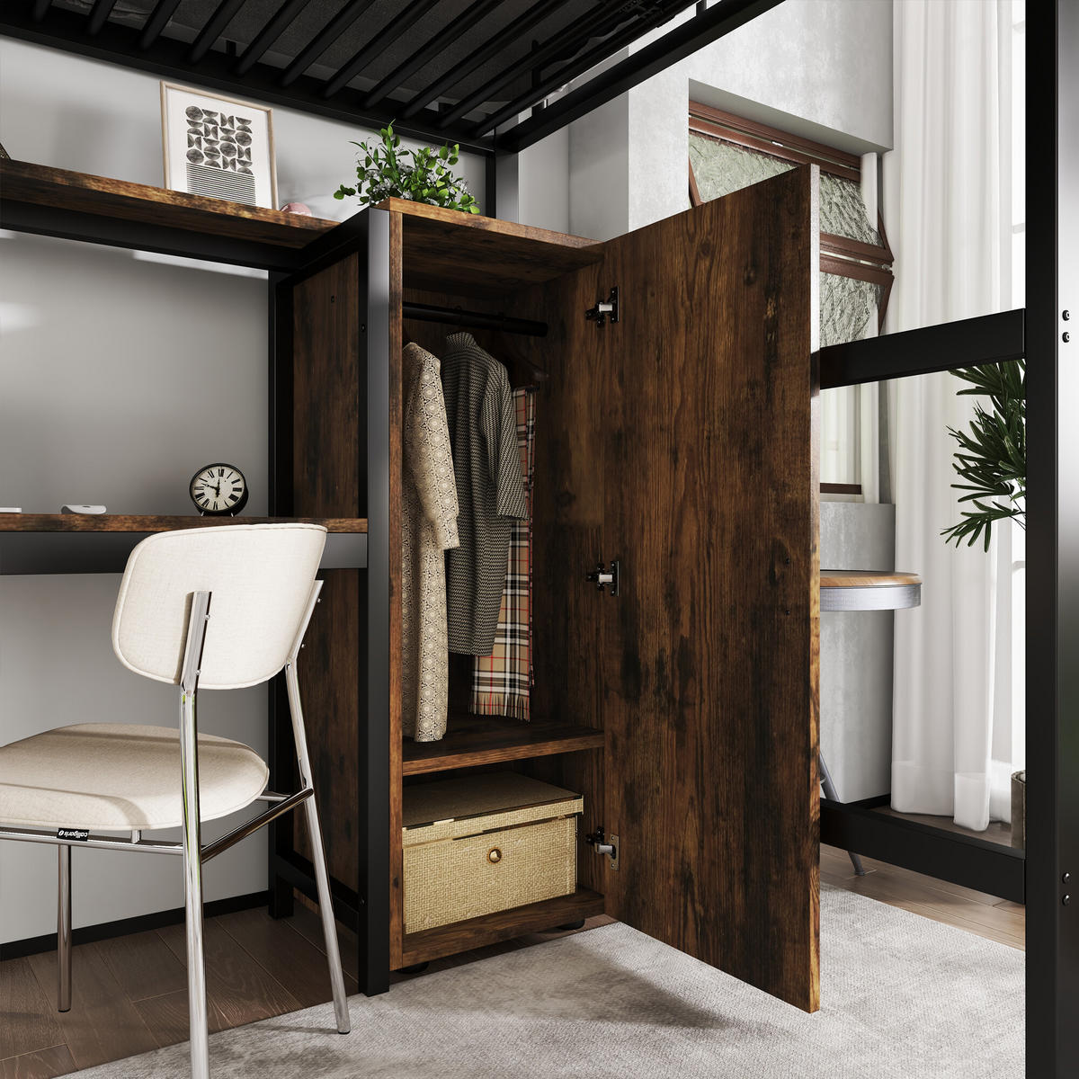 HOCHBETT Mit Bücherregalen, Schreibtisch und Kleiderschrank Schwarz - Schwarz, Holzwerkstoff/Metall - Urban Meuble