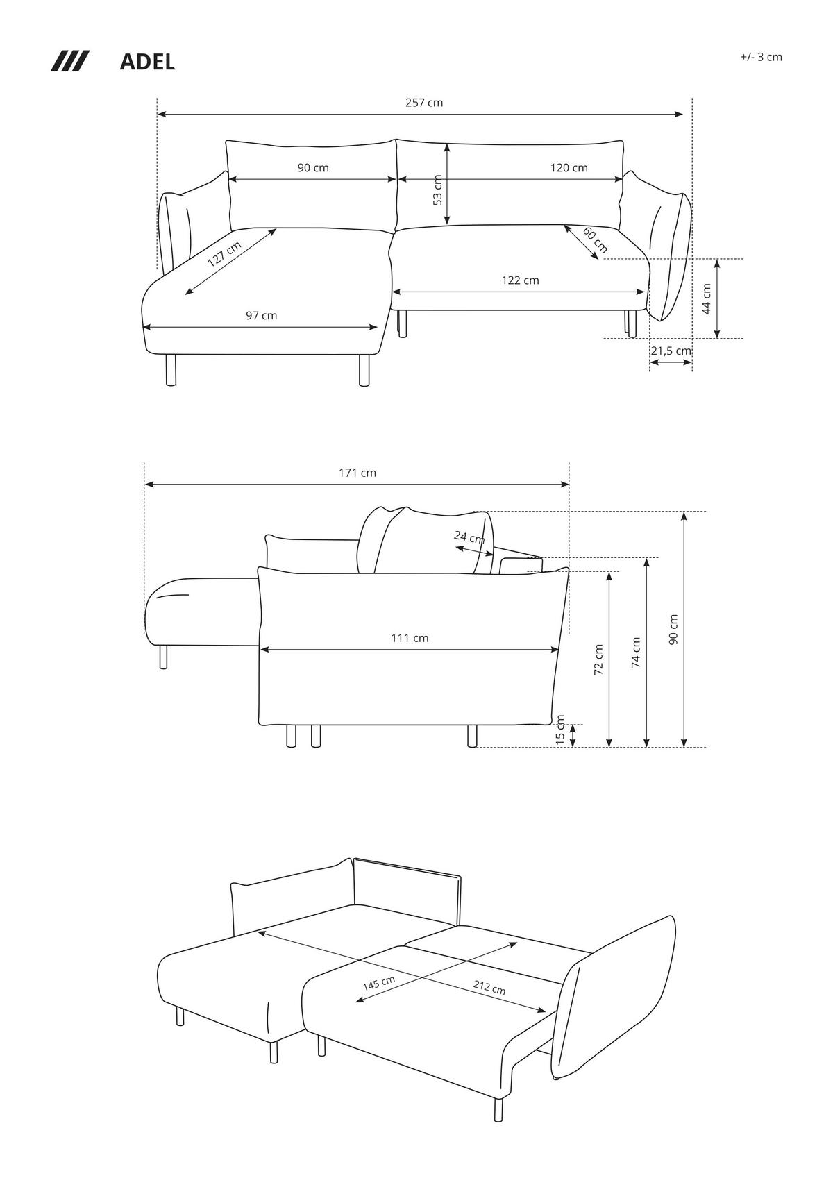ECKSOFA ADEL mit Schlaffunktion und Bettkasten, L-förm, Metallbeine, verstellbar lose Rückenkissen, freistehend, RECHTS, 257x171x90 cm, Beige - Beige, Holz/Textil (257/171cm) - DomoHome