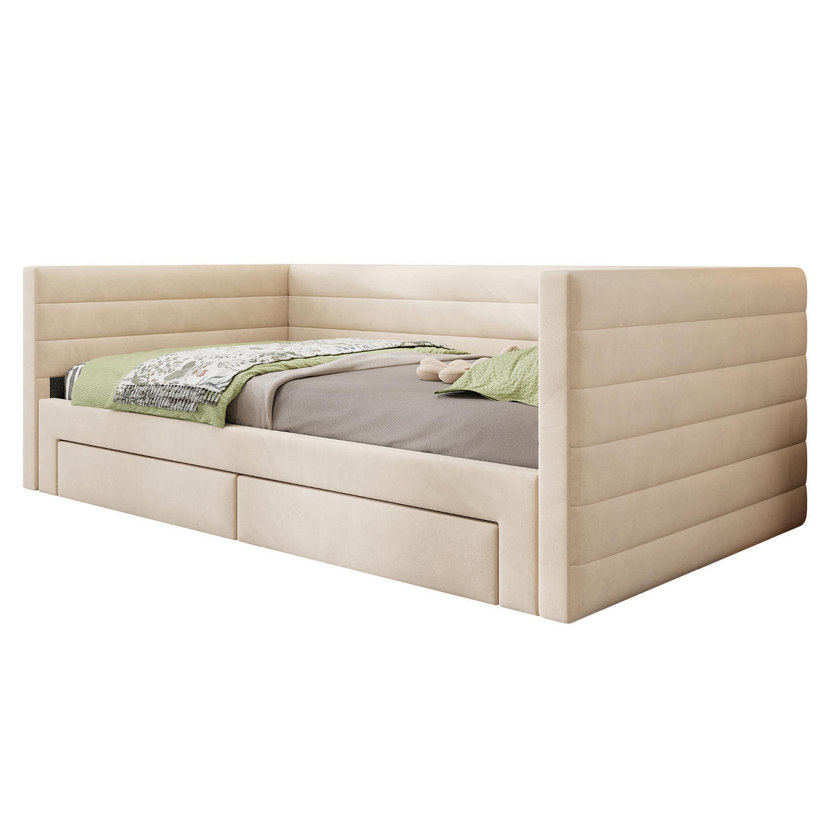 POLSTERBETT 90/180/190 cm Beige aus Baumwolle und Leinen mit 2 Schubladen - Beige, Textil (90/190cm) - OKMYHOME