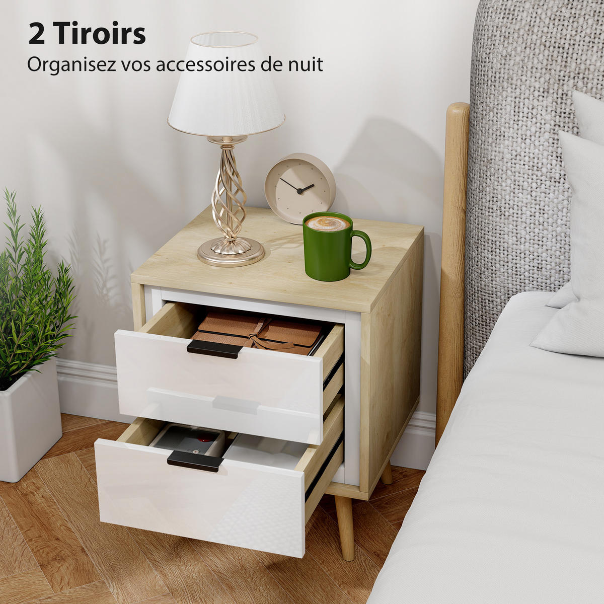 NACHTSCHRANK DE-12907 2 leise Schubladen Weiß - Eichefarben, Holzwerkstoff (35/50/40cm) - ComfortXL