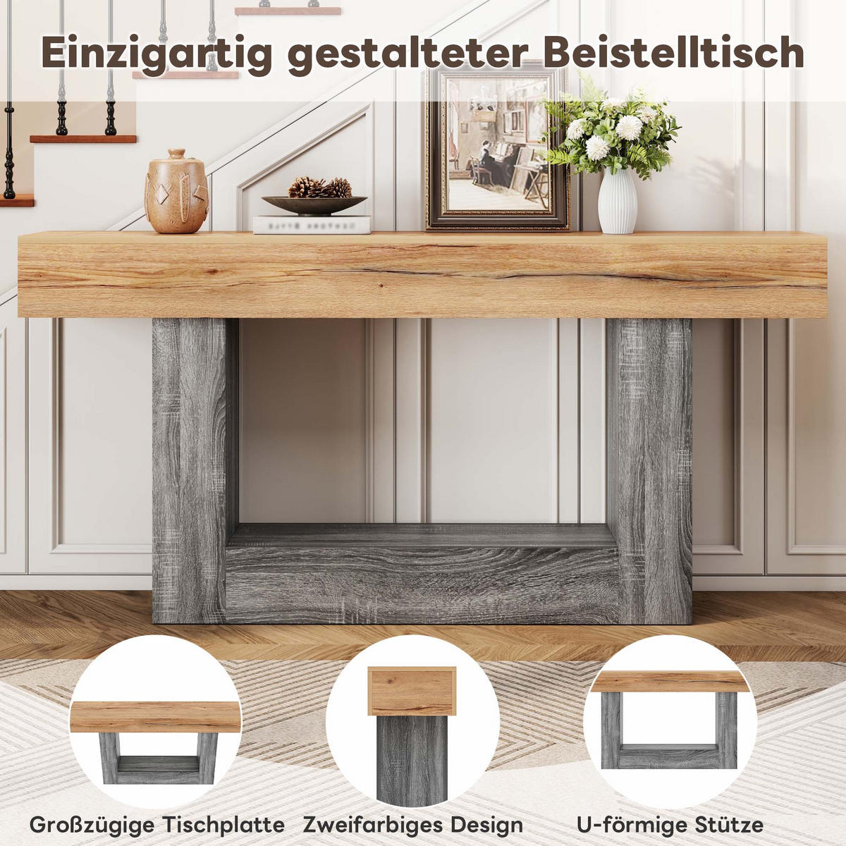 KONSOLENTISCH in Holzoptik Zweifarbige Beistelltisch für Flur/Wohnzimmer, 160L/30B/82,5(cm) - Naturfarben/Grau, Holzwerkstoff (30/160/82.5cm) - STILVORA