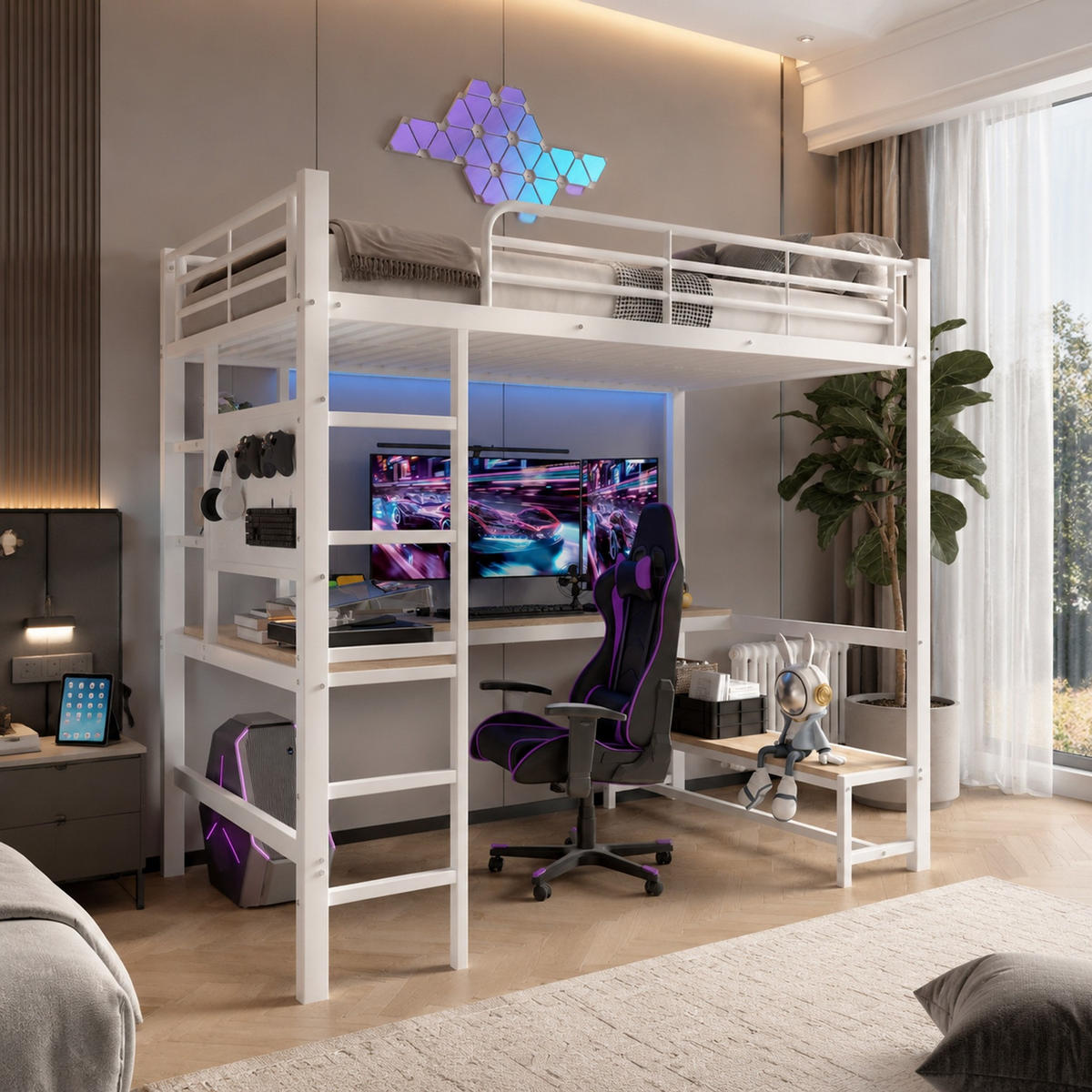 HOCHBETT 90/200 mit LED Schreibtisch USB Type-C und Lochbrett in Weiß - Weiß, Holz/Holzwerkstoff (90/200cm) - EVRYAE