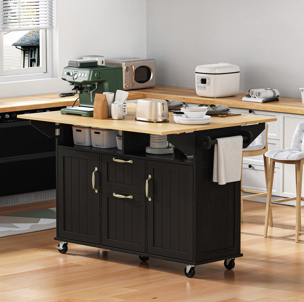 KUECHENINSEL mit Klapptisch 120 cm Schwarz/Natural - Schwarz, Holz (80/92/120cm) - Beauniv