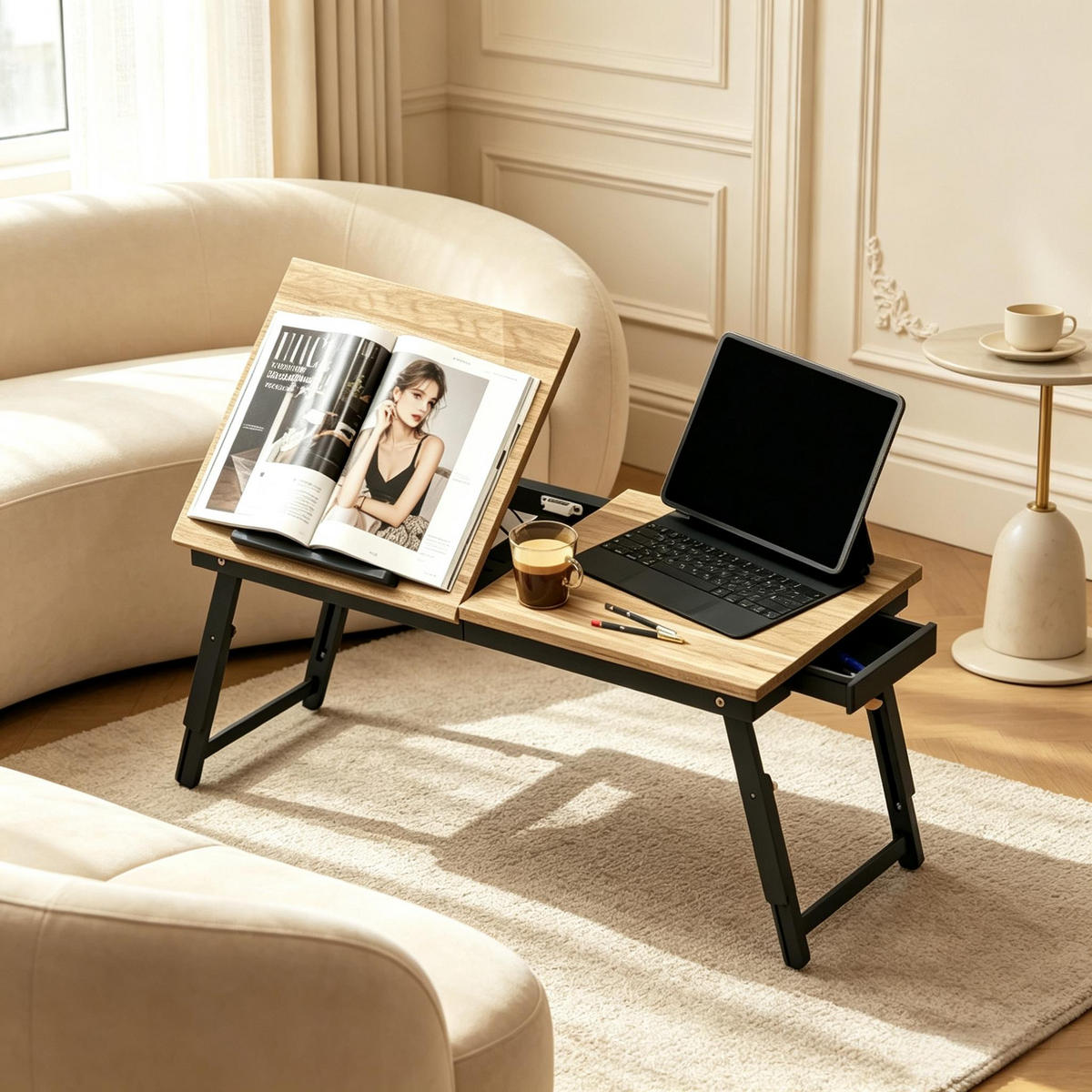 LAPTOPTISCH DE-37259 höhen- und neigbar mit Schublade Eiche/Schwarz - Eichefarben, Holzwerkstoff (83.5/33/34cm) - ComfortXL