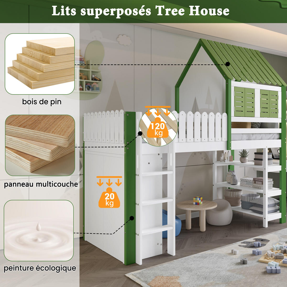 HOCHBETT 90x200 cm Haus Schrank grün - Weiß, Holz (90/200cm) - LEBENLANG