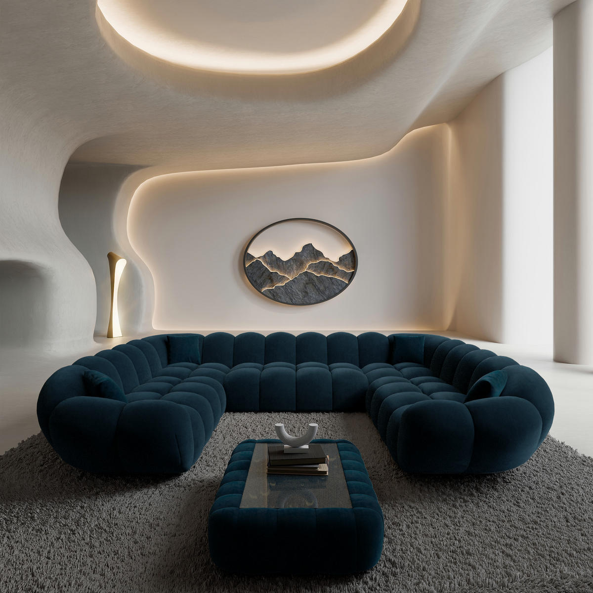 WOHNLANDSCHAFT Liva Mitternachtsblau Samtstoff U-Form XXL Panorama - Dunkelblau, Textil (316/70/258cm) - VAROYAL