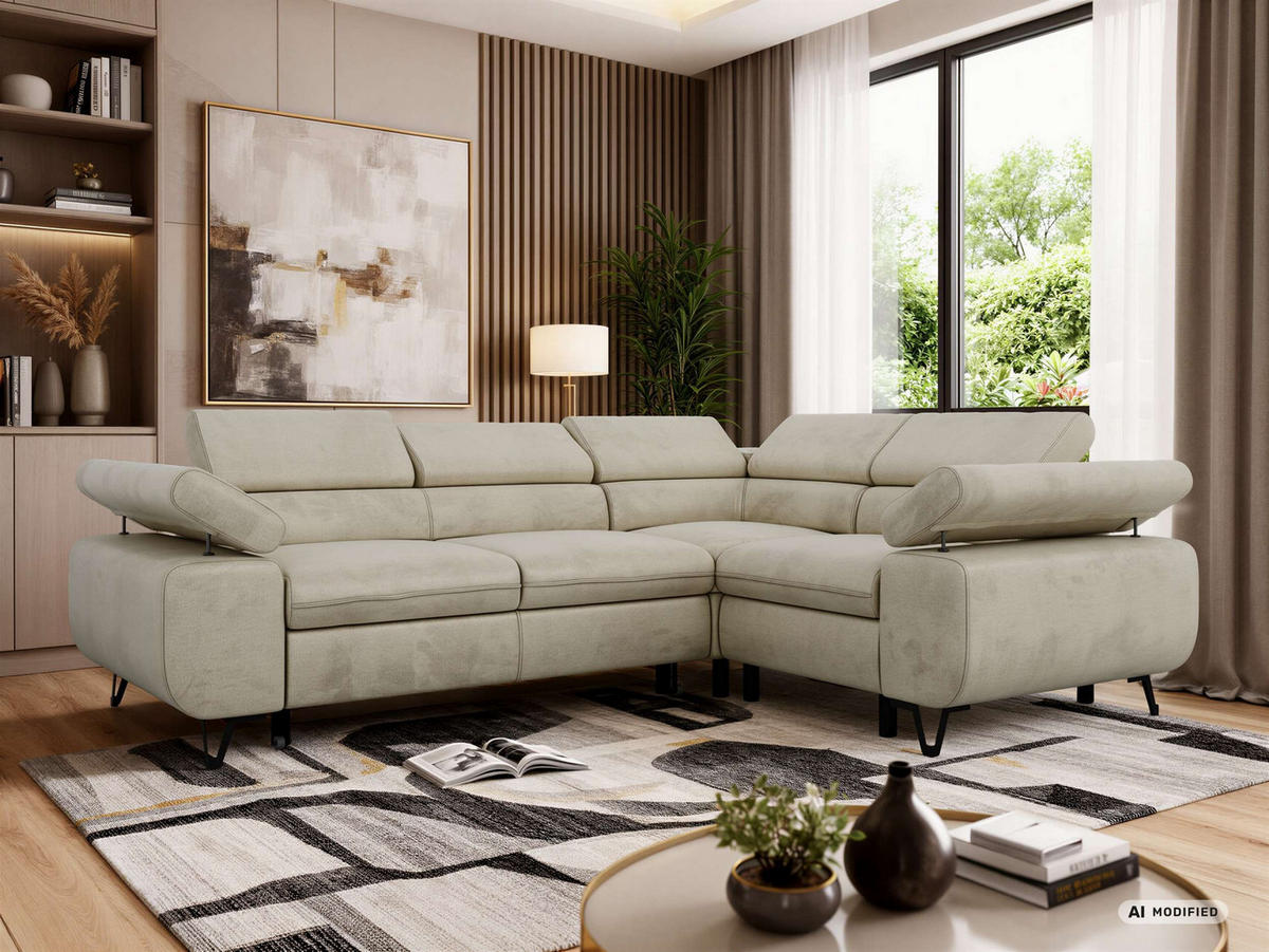 ECKSOFA FALCO L - Beige Velvet - Rechts Seite - Beige/Schwarz, Textil/Metall (268/197cm) - MKS