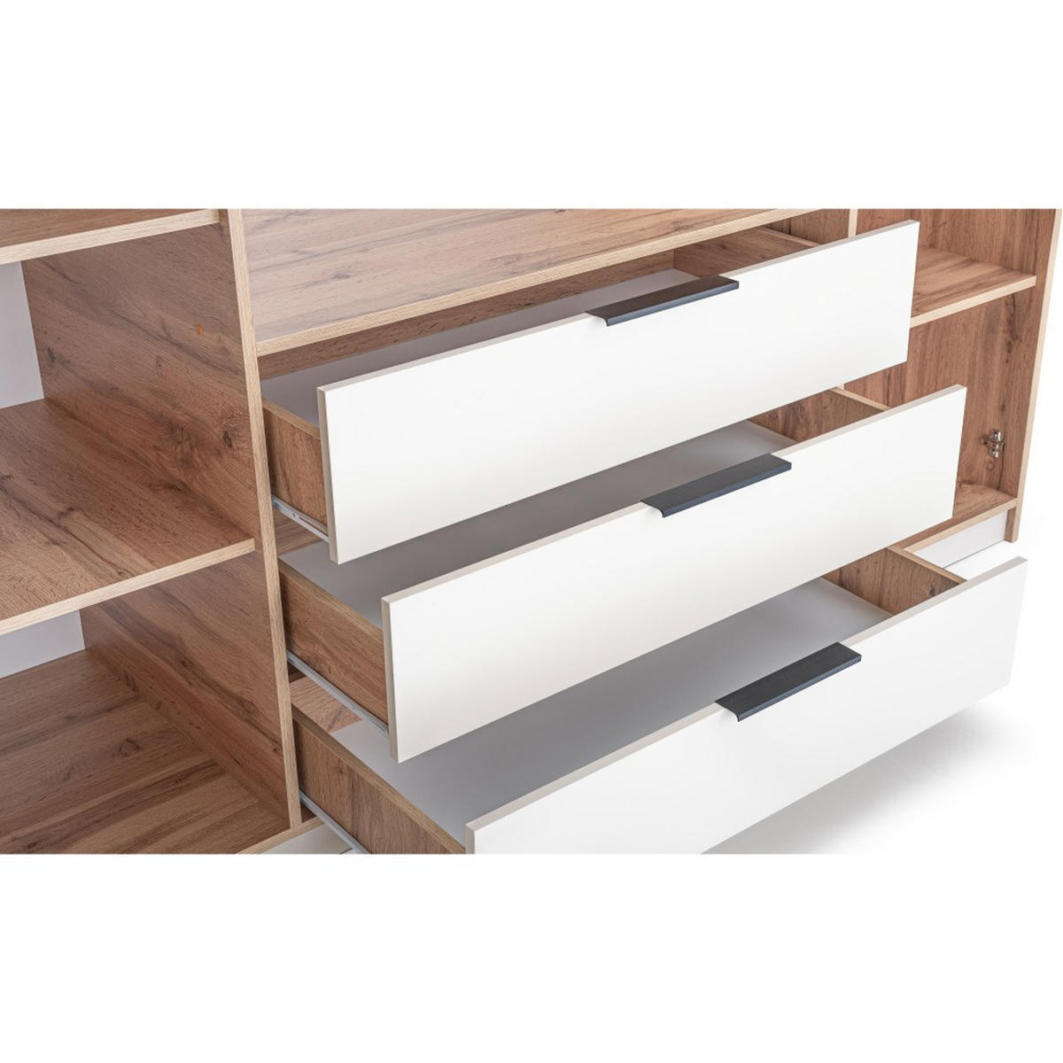 DREHTÜRENSCHRANK Livo mit 4 Türen und 3 Schubladen, eiche Viking+Schwarz, 200 cm - Eichefarben/Schwarz, Holzwerkstoff (196/200/57cm) - Beautysofa