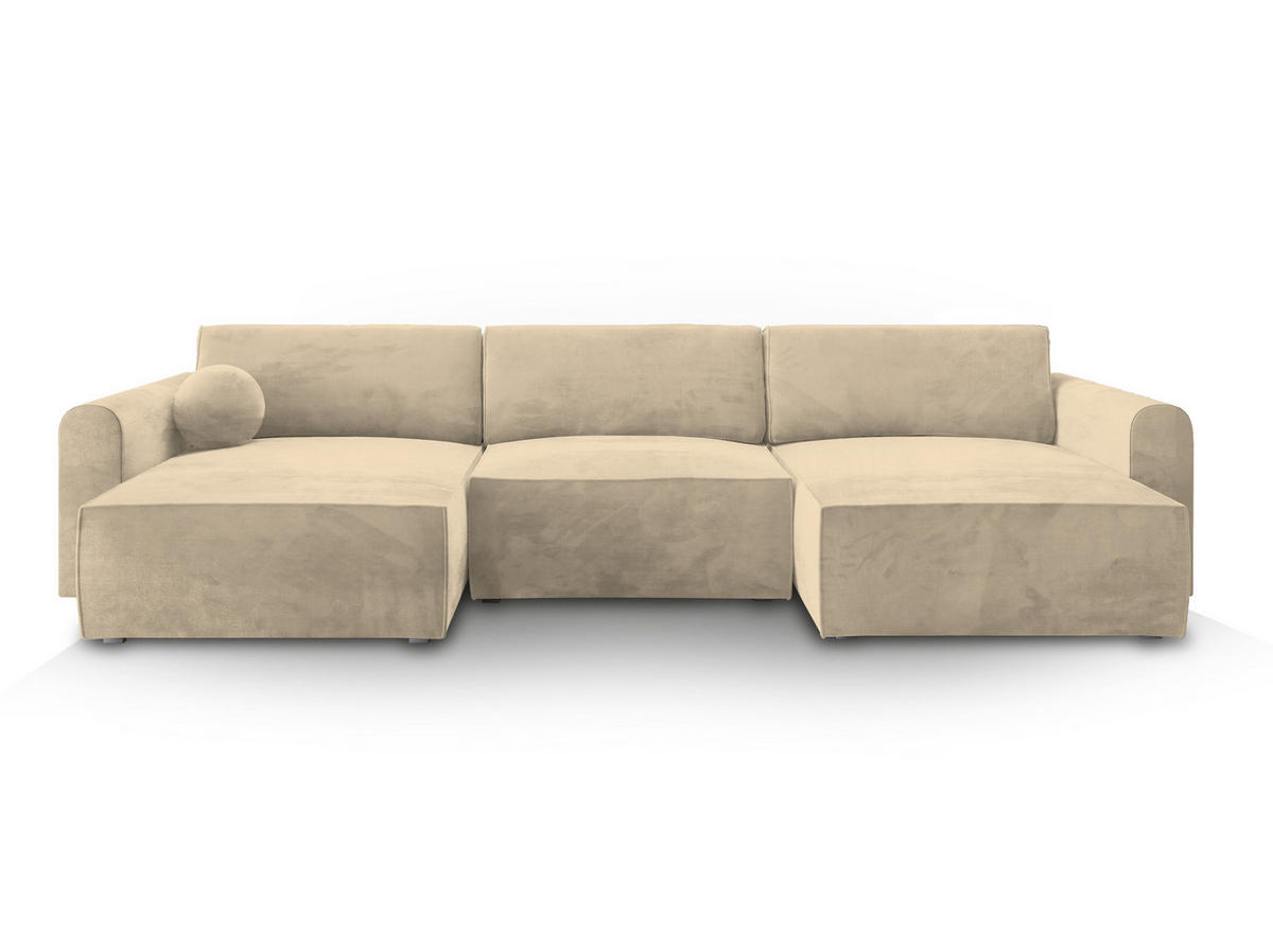 WOHNLANDSCHAFT FENTO M Creme Velours-Stoff mit Schlaffunktion - Creme, Holz (347/90/148cm) - MASSENO