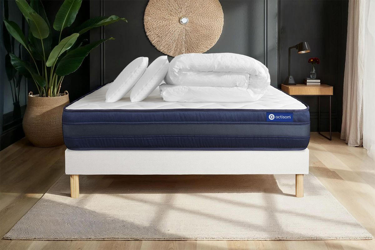 BETT Actimemo tech Memory-Schaum 140 x 190 cm h4 - Kit Bettgestell Weiß - Mit Kissen und Bettdecke - Beige/Weiß, Karton/Holz (140/190cm) - ACTISOM