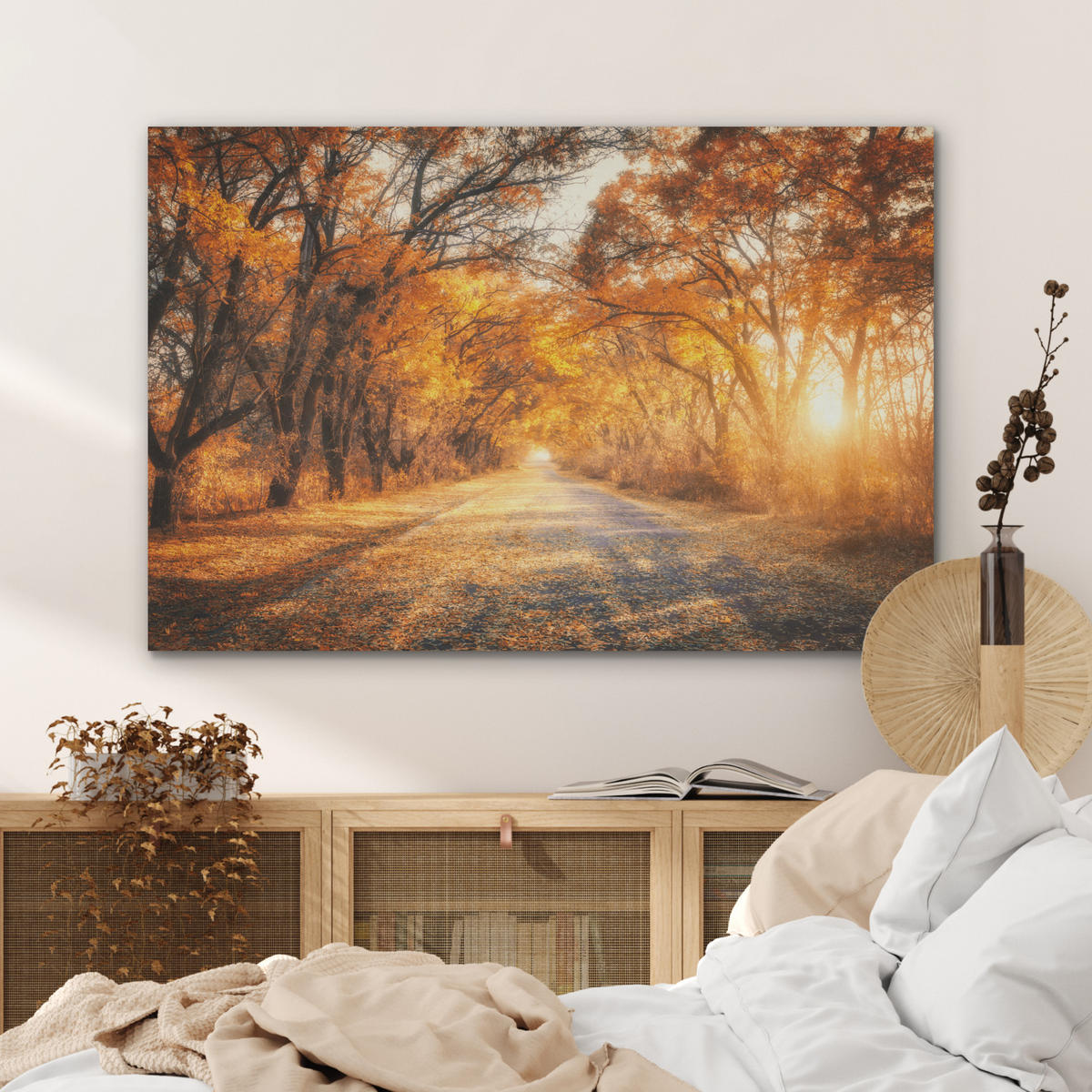 AKUSTIKPANEEL Wald - Herbst - Bäume - Waldweg - Natur 100x70 cm - Bernsteinfarben, Textil (100/0.9/70cm) - MuchoWow