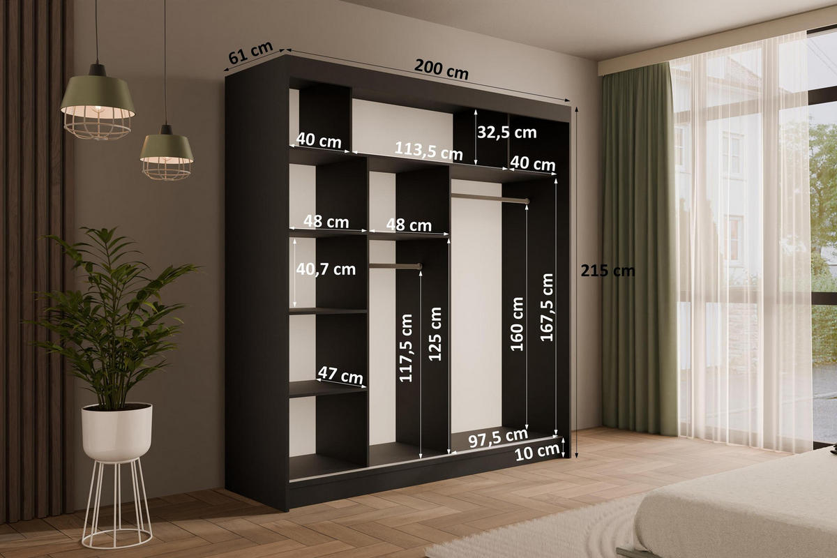 KLEIDERSCHRANK mit Lamel-Schiebetüren VILANv2 - 200 cm Schwarz + Lamelle Eiche Wotan - Eiche Wotan/Schwarz, Holzwerkstoff (200/215/61cm) - ALTDECOR