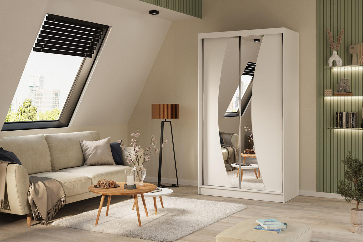KLEIDERSCHRANK mit Spiegel-Schiebetüren und Aluminium-Leisten, LED-Beleuchtung - VOXI - 120 cm Weiß - Weiß, Holzwerkstoff (120/216/61cm) - ALTDECOR