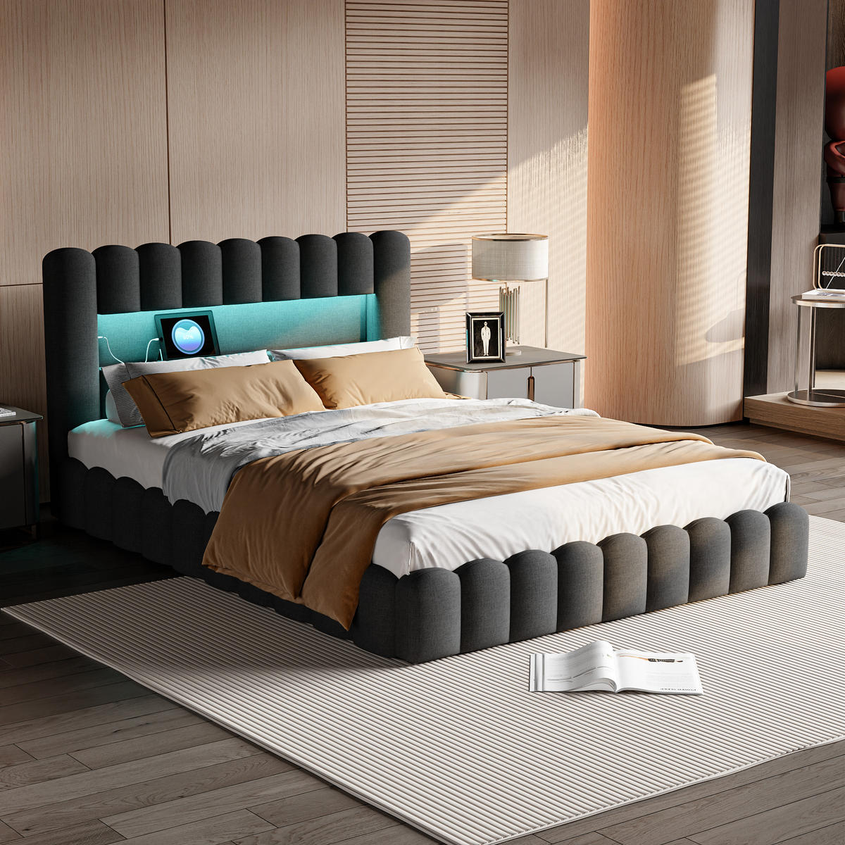 STAURAUMBETT 140x200 cm Doppelbett, mit USB-Anschluss und LED-Beleuchtung, Leinenstoff, Grau - Grau, Holz (140/200cm) - BRILVERDE