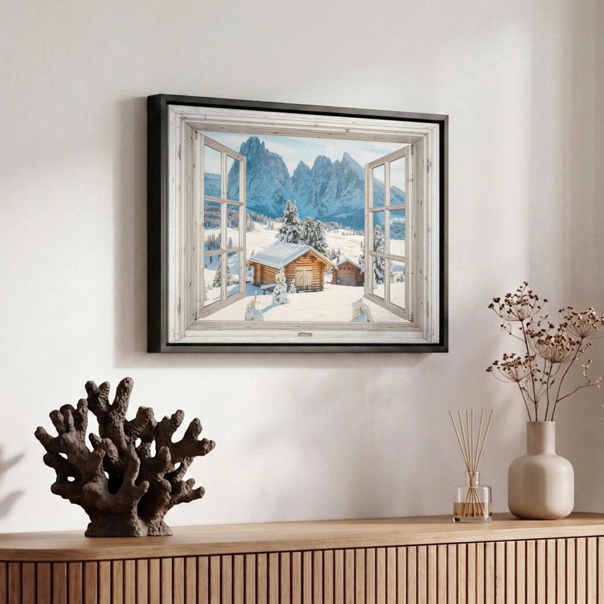 LEINWAND Bilder mit Rahmen - Winterlandschaft - Hütte - Berge - Ausblicke - Aussicht - Natur - 30x20 - Weiß Hochglanz, Textil (30/20cm) - MuchoWow