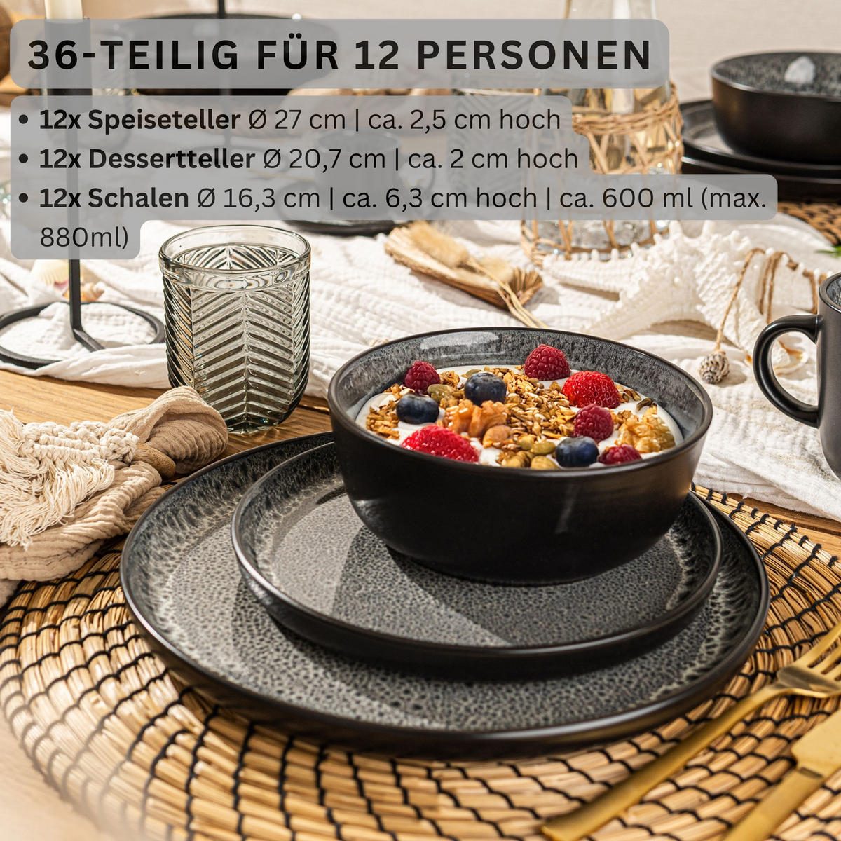 TAFELSERVICE SYDNEY - 36 teilig aus Steingut 12 Personen - Dunkelgrau, Stein (50/30/80cm) - Sänger