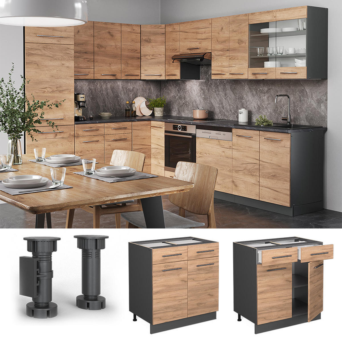 KÜCHENUNTERSCHRANK Fame-Line Goldkraft Eiche 80 cm, AP Eiche - Anthrazit/Eiche Wotan, Holzwerkstoff (80/82/60cm) - Vicco