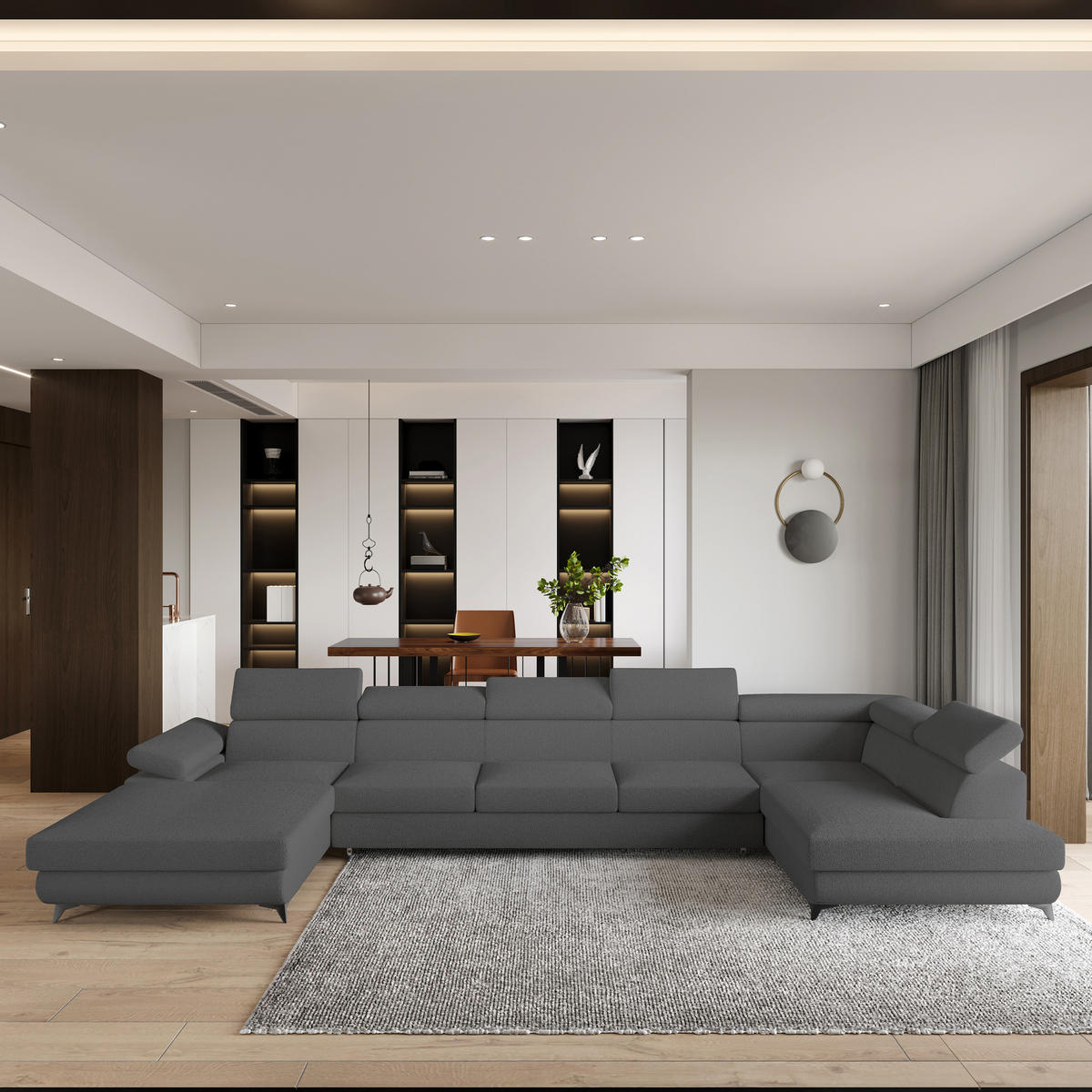 ROHOVÁ SEDAČKA MONTIVA šedá - šedá/černá, kov/dřevo (410/190cm) - MASSENO