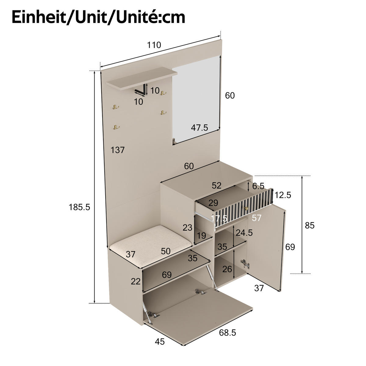 SCHUHSCHRANK aus MDF 110x185,5x37cm in Beige mit Spiegel - Beige, Holzwerkstoff (110/185.5/37cm) - Modfu