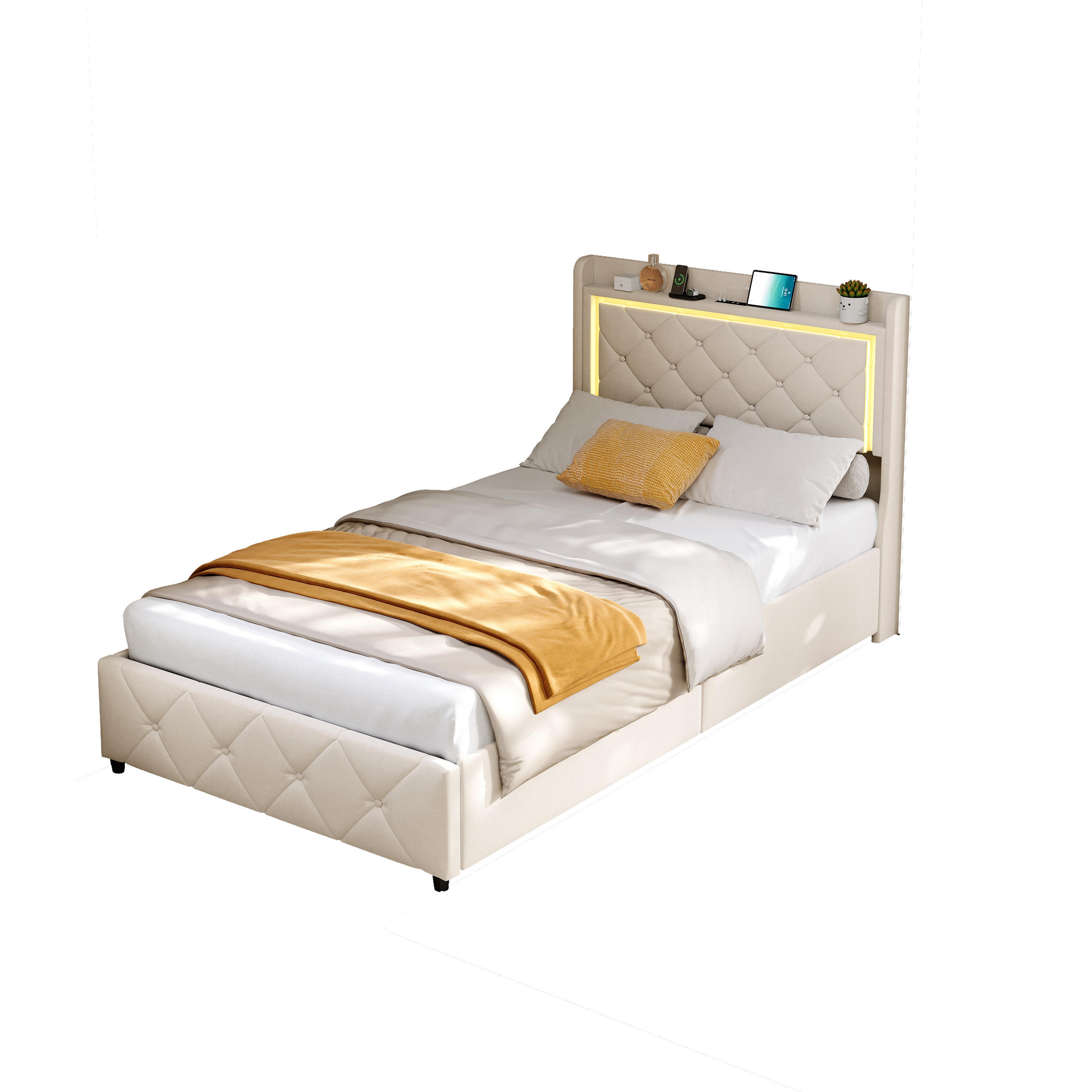 POLSTERBETT 90x200 cm LED USB Stauraum 4 Schubladen Lattenrost beige - Beige, Holz (90/200cm) - LEBENLANG