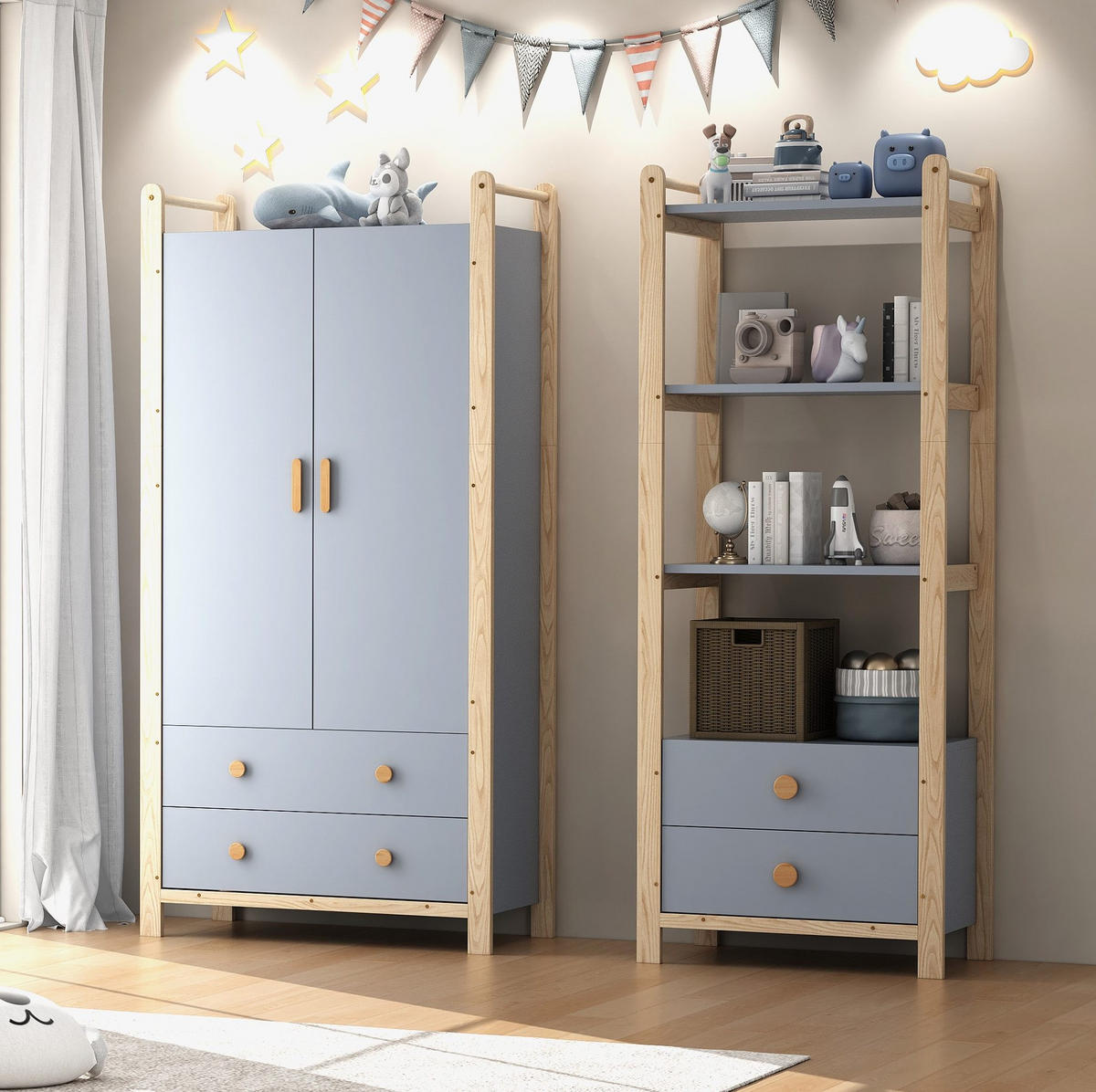 GARDEROBE 90/44/180,5 cm und 70/44/180,5 cm Blau/Natur aus Massivholz und Holzwerkstoff mit Schubladen 2er Set - Blau, Holzwerkstoff (44/180.5/160cm) - OKMYHOME