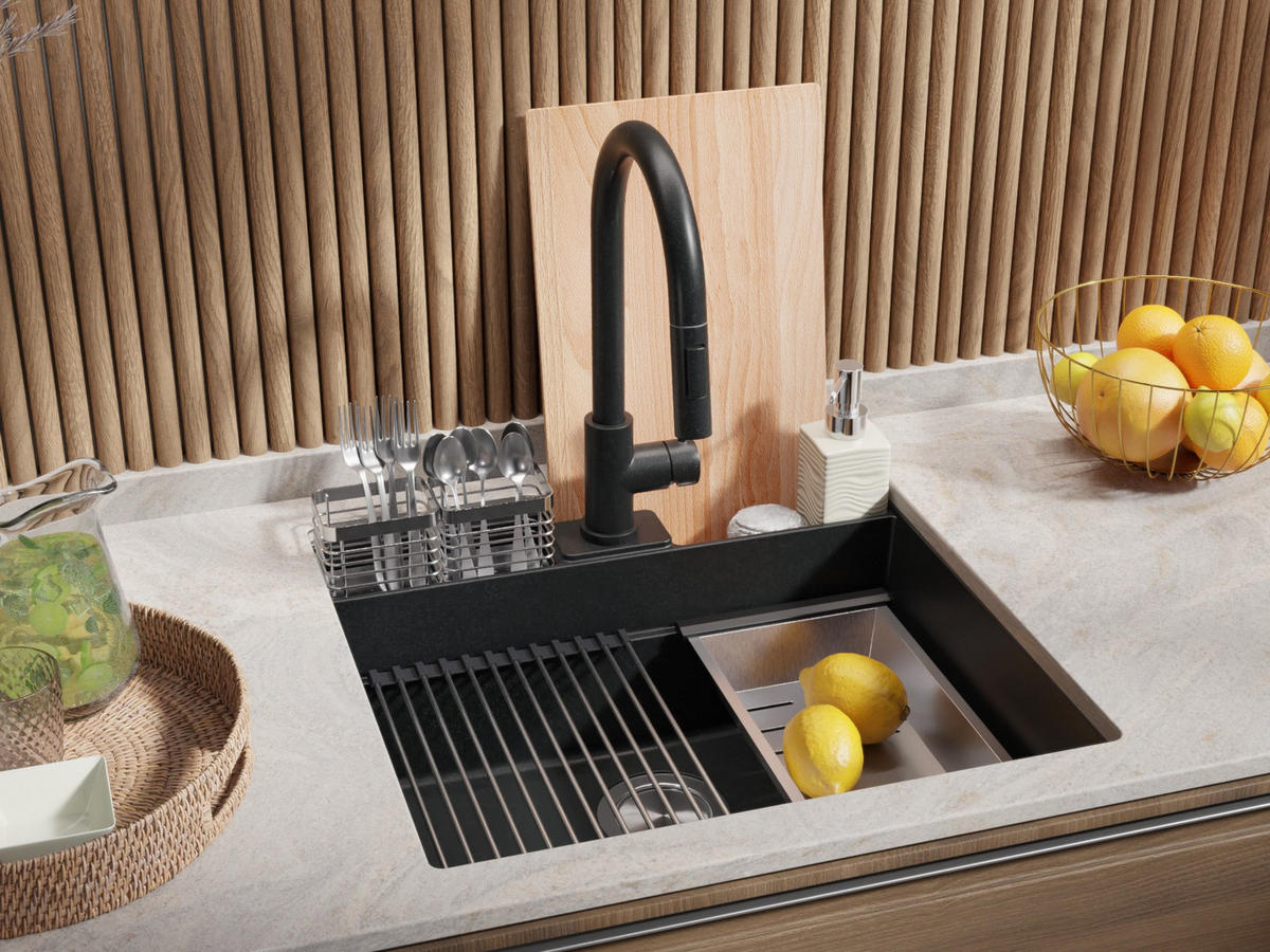 UNTERBAUSPÜLE GRANIT Bergen Pocket, 2-er set Anthrazit 56/54 cm 1 Becken + Ablauf-Set + Küchenzubehörset ab 60er Unterschrank - Chromfarben/Anthrazit, Kunststoff (56/20/54cm) - Primagran