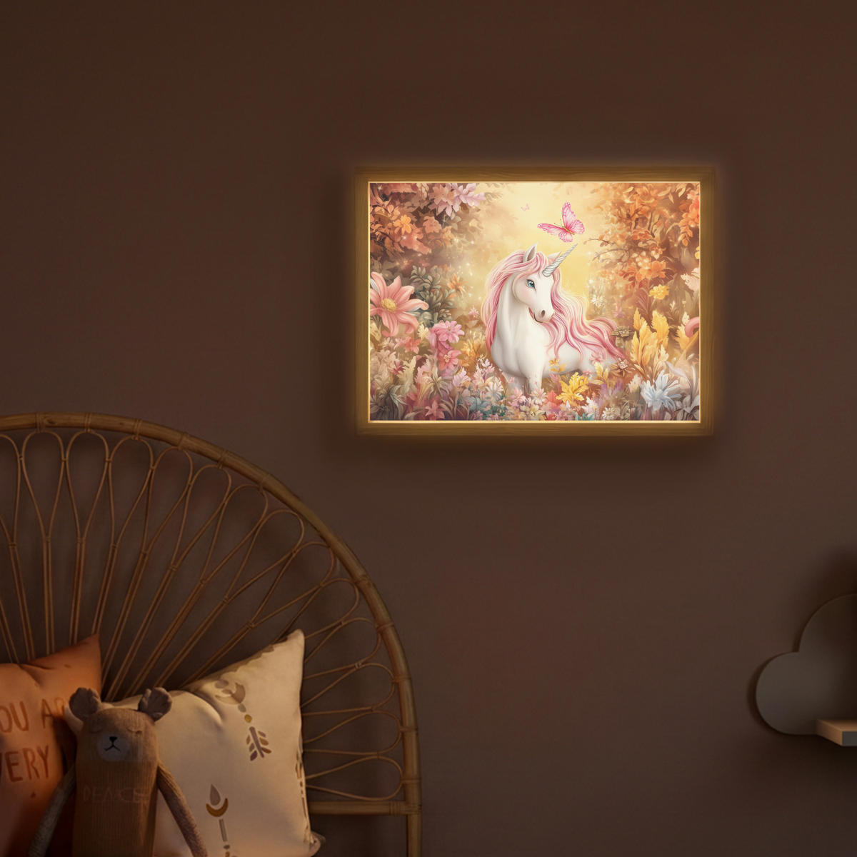 DOBÍJECÍ NOČNÍ LAMPIČKA Jednorožec - Květiny - Motýl - Růžová 40x30 cm - béžová, kompozitní dřevo (8/40/30cm) - OnlyWow