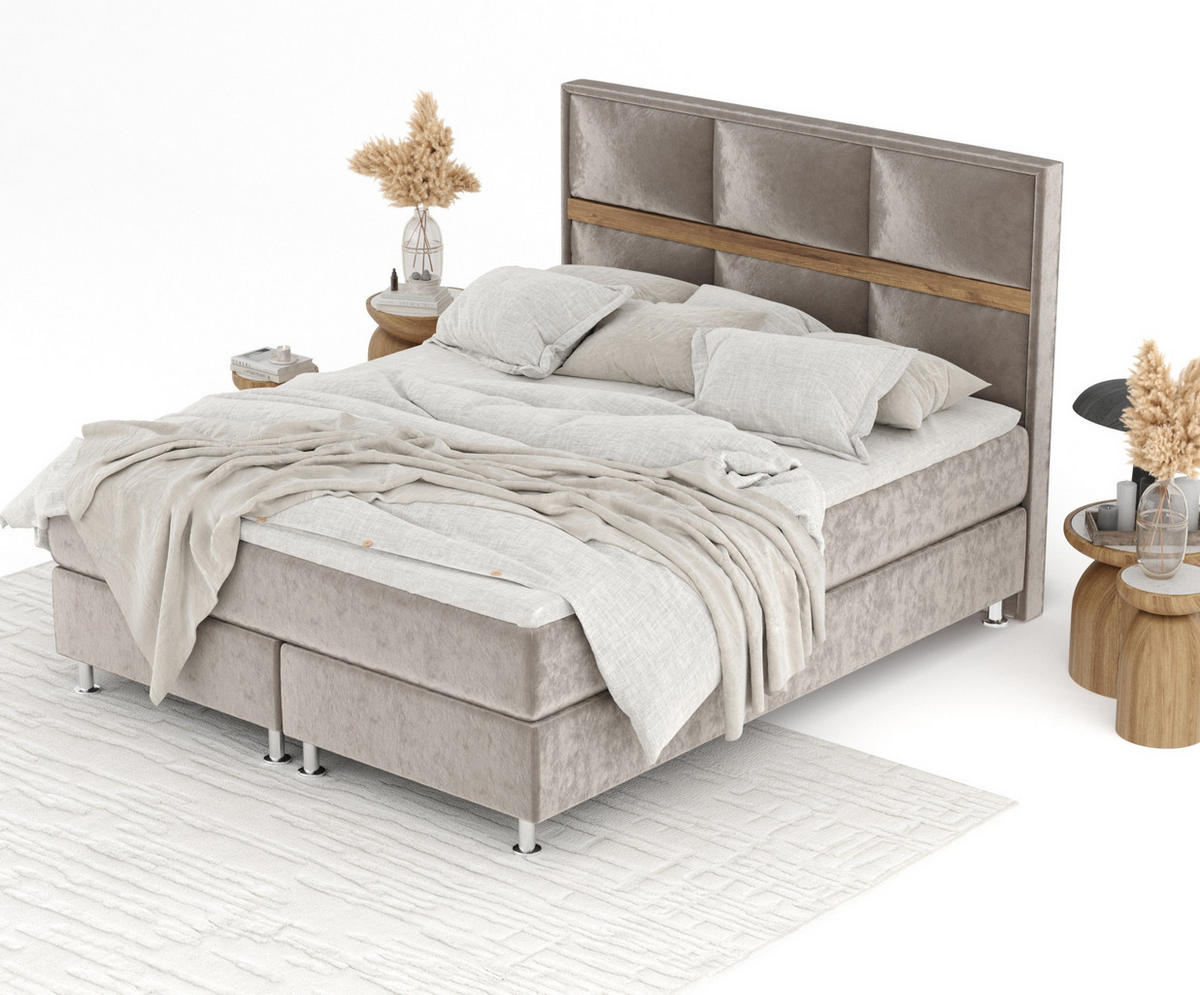 BOXSPRINGBETT Soto Taupe 200/200 cm mit Latex-Topper - Taupe/Silberfarben, Holz/Holzwerkstoff (200/200cm) - Maison de Reve