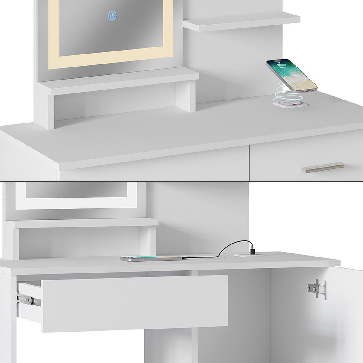 SCHMINKTISCH Julia Weiß 90 cm mit LED-Spiegel und QI-Ladestation - Weiß, Holzwerkstoff (90/137.5/38cm) - Vicco