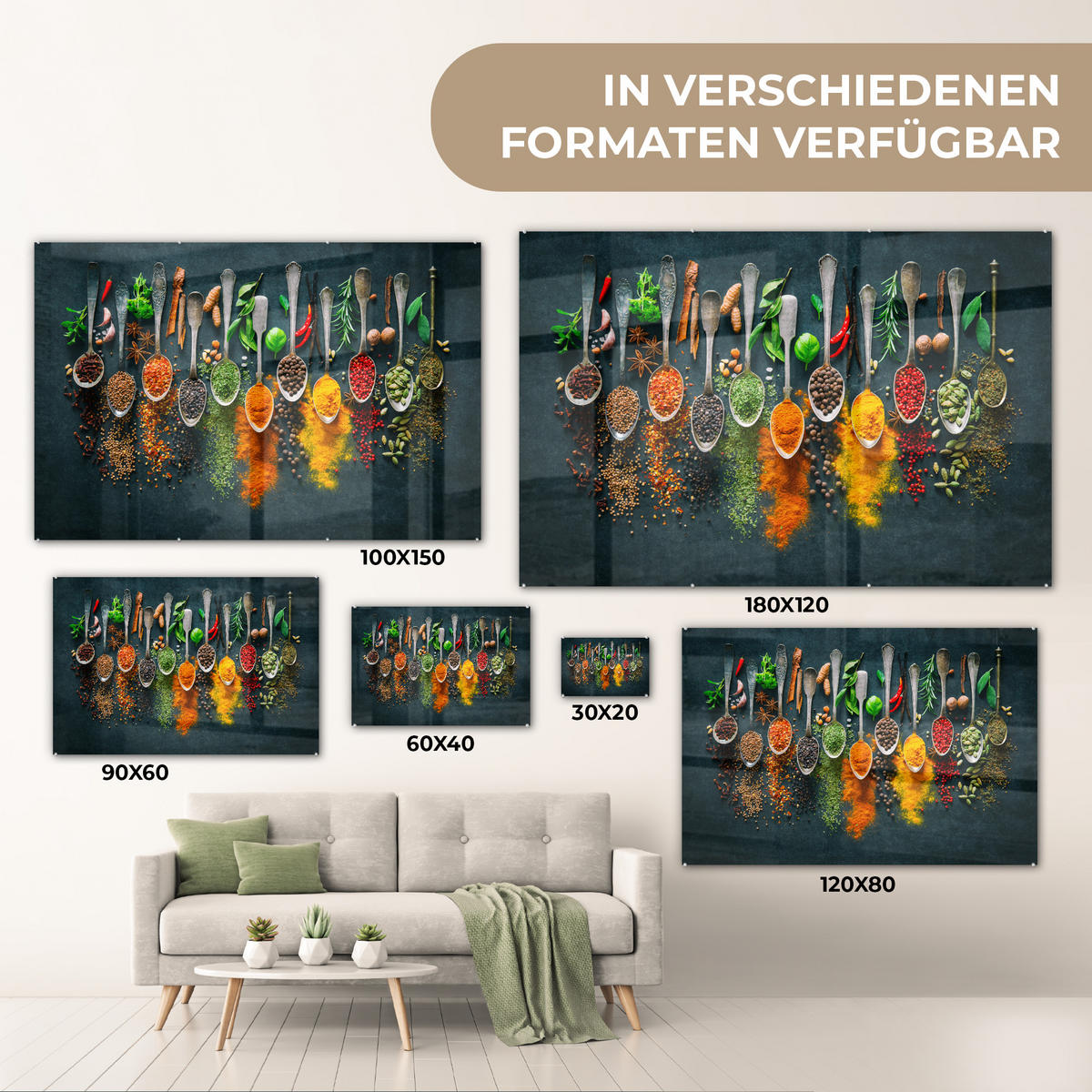 ACRYLGLASBILD Kräuter - Gewürze - Löffel 120x80 cm - Currygelb, Glas (120/80cm) - MuchoWow