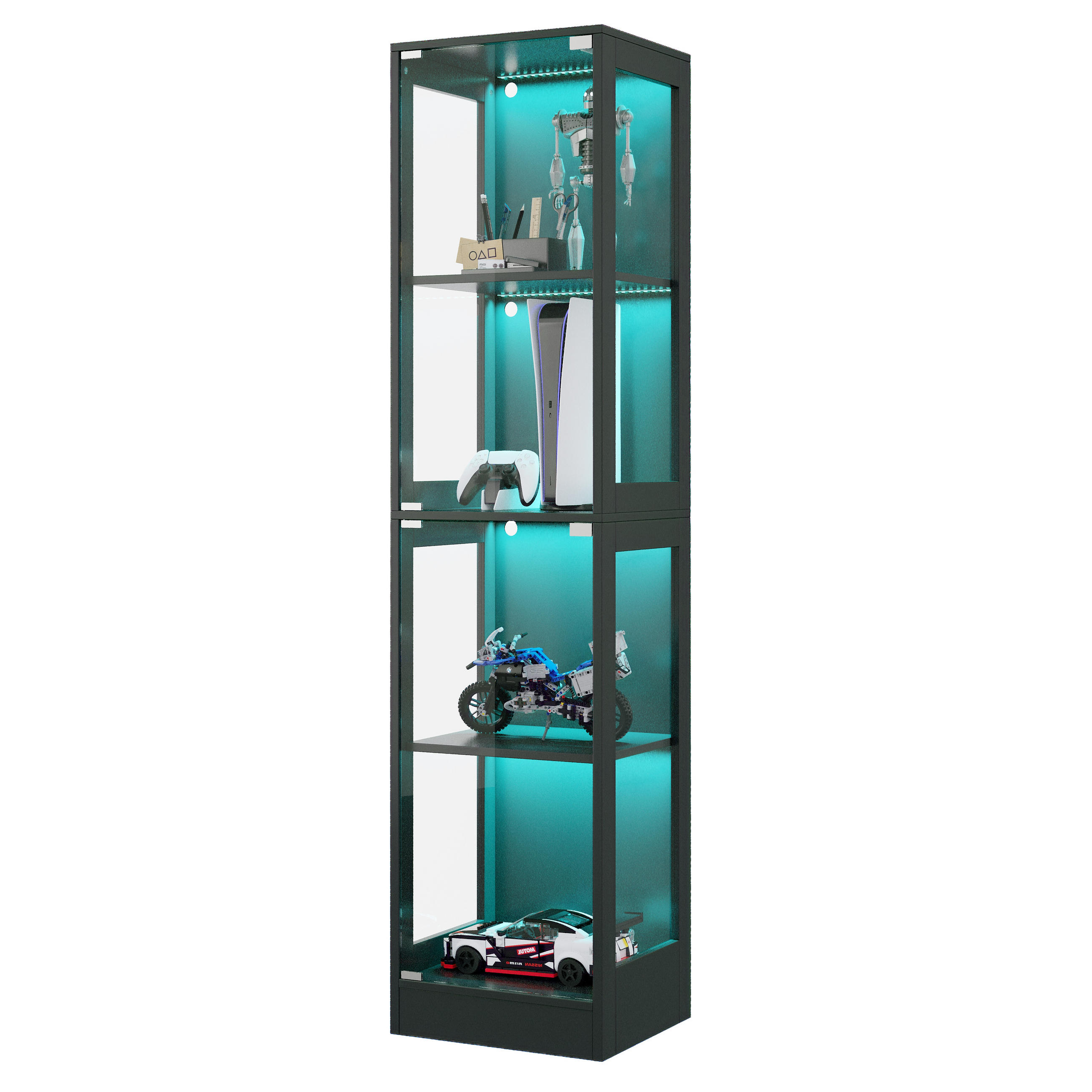 VITRINE Glas MDF mit 4 Ebenen Stauraum schmal modern Push-to-Open Schrank Wohnzimmer Design - Schwarz, Glas/Holzwerkstoff (40/170/35cm) - EVRYAE