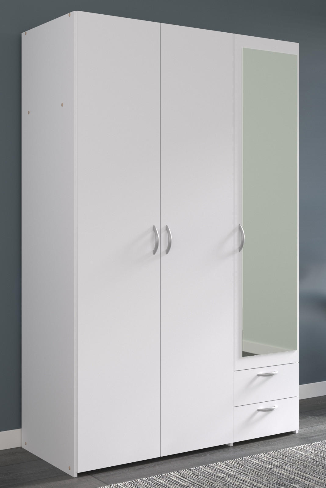 KLEIDERSCHRANK mit Spiegel weiß 120 cm 3-türig Drehtürenschrank - Silberfarben/Weiß, Glas/Holzwerkstoff (120/185/51cm) - Furn.Design