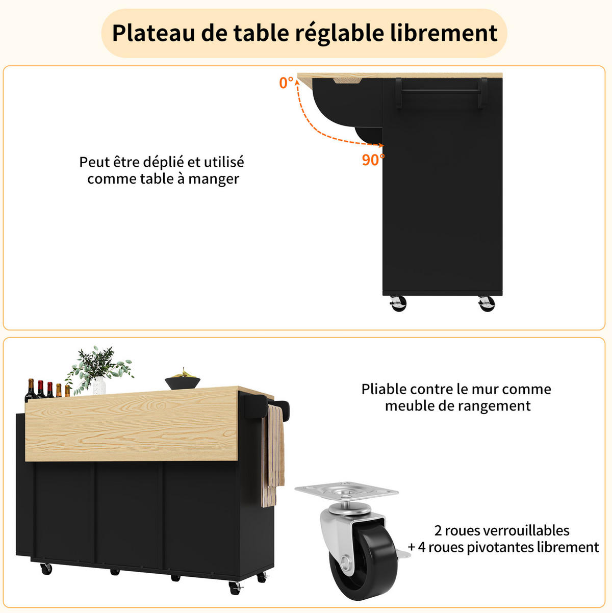 KÜCHENINSEL 110/90/42 cm Schwarz aus MDF mit klappbarer Tischplatte - Schwarz, Holzwerkstoff (42/90/110cm) - OKMYHOME