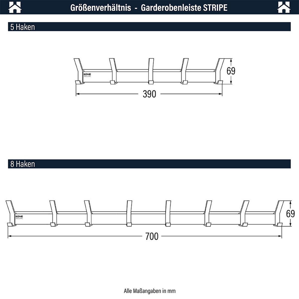 GARDEROBENLEISTE STRIPE - Menge: 8 x Haken - Braun, Holz (70/6.9/6.8cm) - Home Deluxe