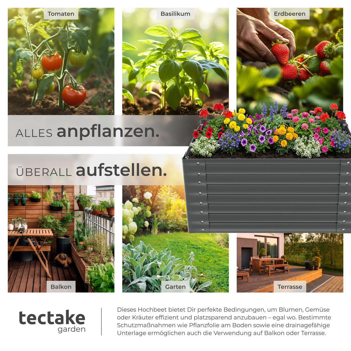 HOCHBEET Salvia verzinkt, 120 x 90 x 62 cm, 650 l, grau - Grau, Metall (90/62/120cm) - tectake