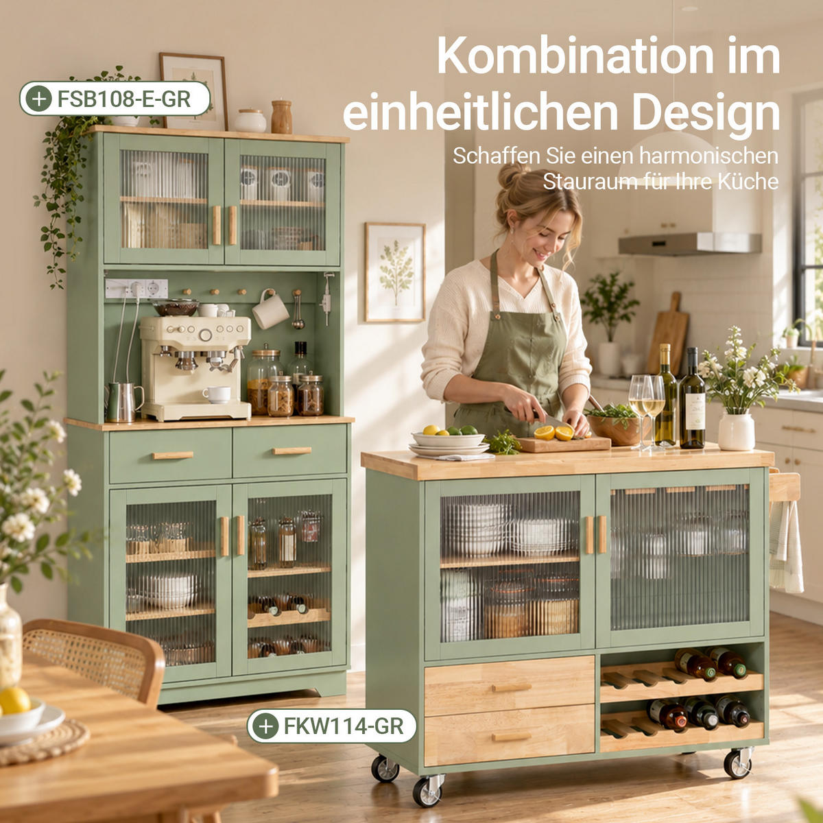 KÜCHENINSEL mit Bremsrollen, 110 x 92 x 40 cm, Weinregal, Glastüren, 2 Schubladen, Grün - Grün, Naturmaterialien/Holz (109/92/40cm) - SoBuy
