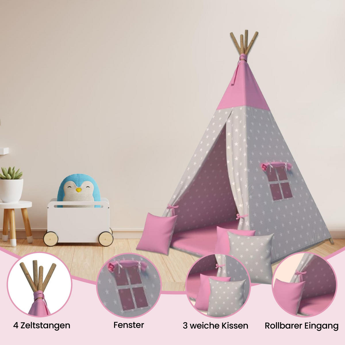 TIPI-ZELT 105 x 105 x 140 cm Sterne rosa mit weichen Kissen | Spielzelt für Kinderzimmer Indoor - Magenta, Textil (105/105cm) - Best for Kids