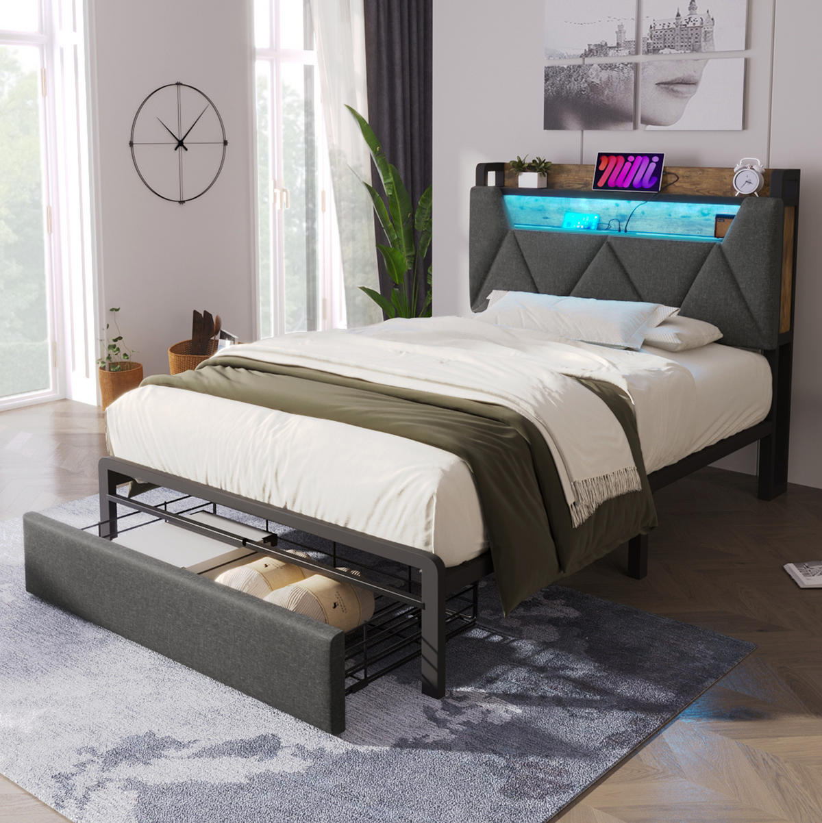 POLSTERBETT mit LED, USB und Stauraum 90x200 cm Leinen Grey inkl. Matratze - Grau, Metall (90/200cm) - Meubliv
