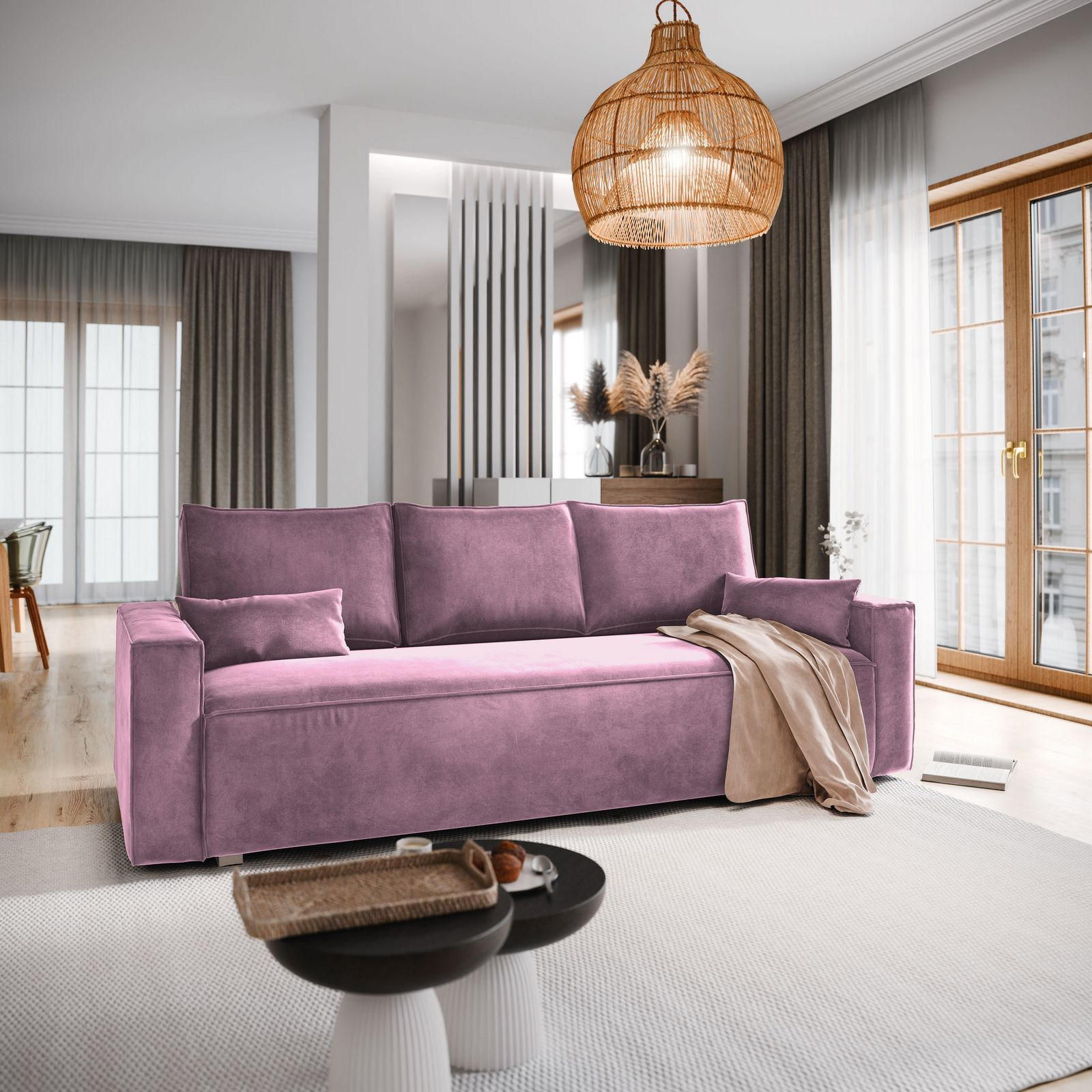 BETTSOFA ALATRI Rosa Velours-Stoff mit Schlaffunktion - Rosa, Textil (230/85/87cm) - MASSENO
