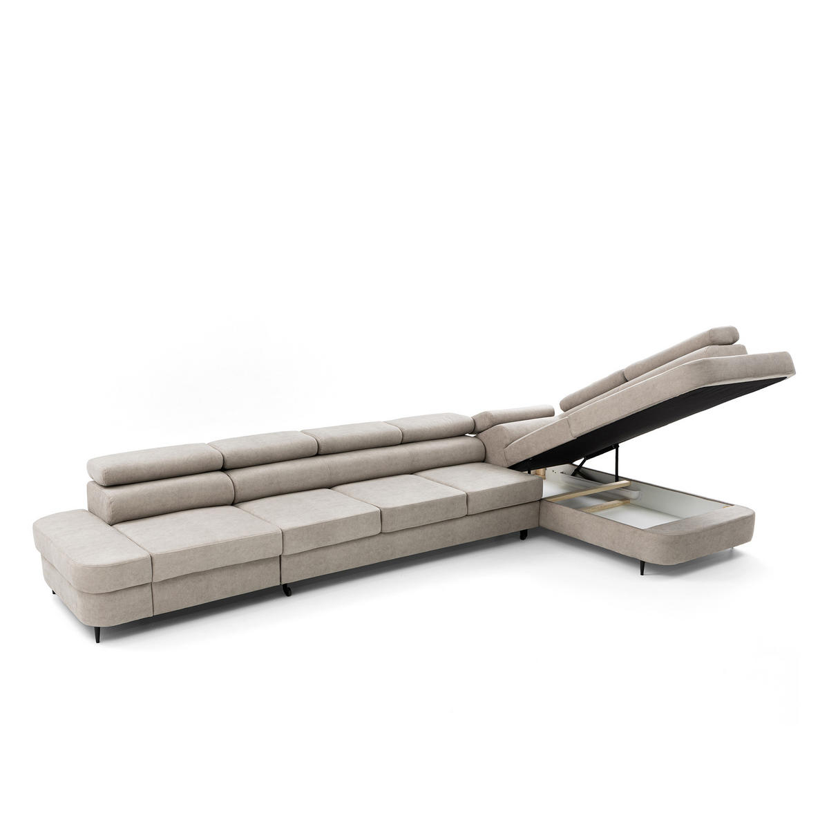 ECKSOFA PRIAM XXL L-Form Rechts mit Schlaffunktion 125x265 Velours Creme - Creme/Schwarz, Holz/Textil (420/203cm) - Muffo