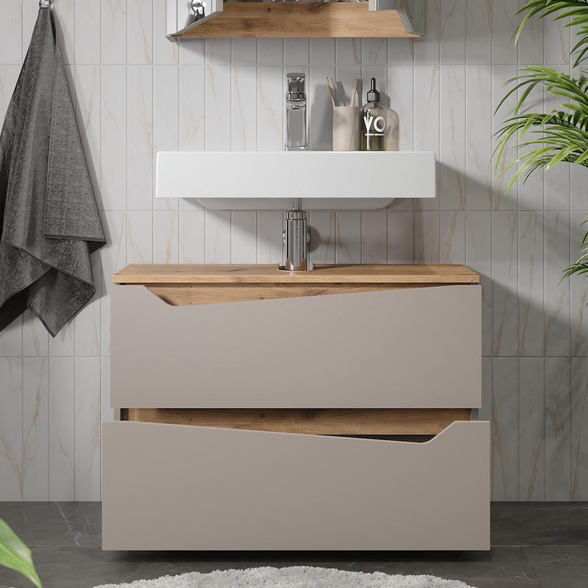 WASCHBECKENUNTERSCHRANK Marelle Greige/Artisan-Eiche 80 x 57.5 cm mit 2 Schubladen - Greige/Eiche Artisan, Holzwerkstoff (80/57.5/35cm) - Vicco