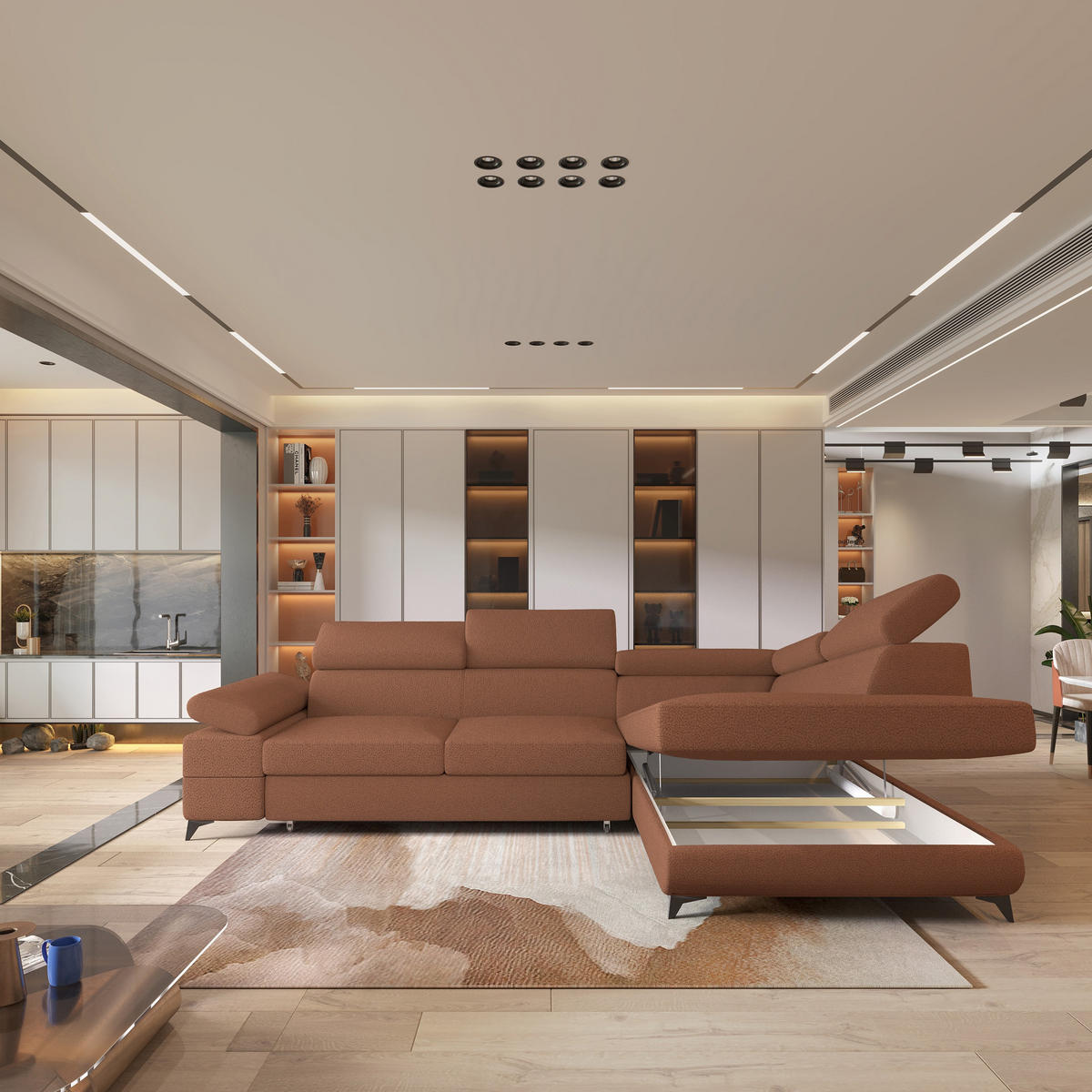 ECKSOFA FAVIEN R-S Kupferfarben Boucle-Stoff mit Schlaffunktion - Kupferfarben, Holz (257/190cm) - MASSENO