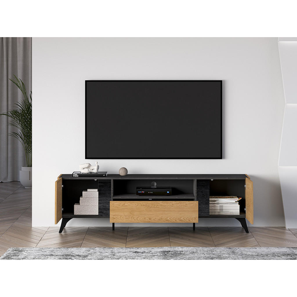 Thumbnail - Feldmann-Wohnen Lowboard, Braun, Schwarz, Holz, 3 Fächer, 1 Schubladen, Rechteckig, 180x52x40 cm, Wohnzimmer, Wohnwände,...