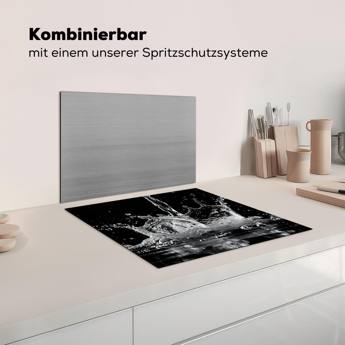 HERDABDECKPLATTE Wasser - Spritzwasser - Schwarz Herdabdeckung Induktionsfeld 60x52 cm - Schwarz, Kunststoff (60/52/0.2cm) - MuchoWow