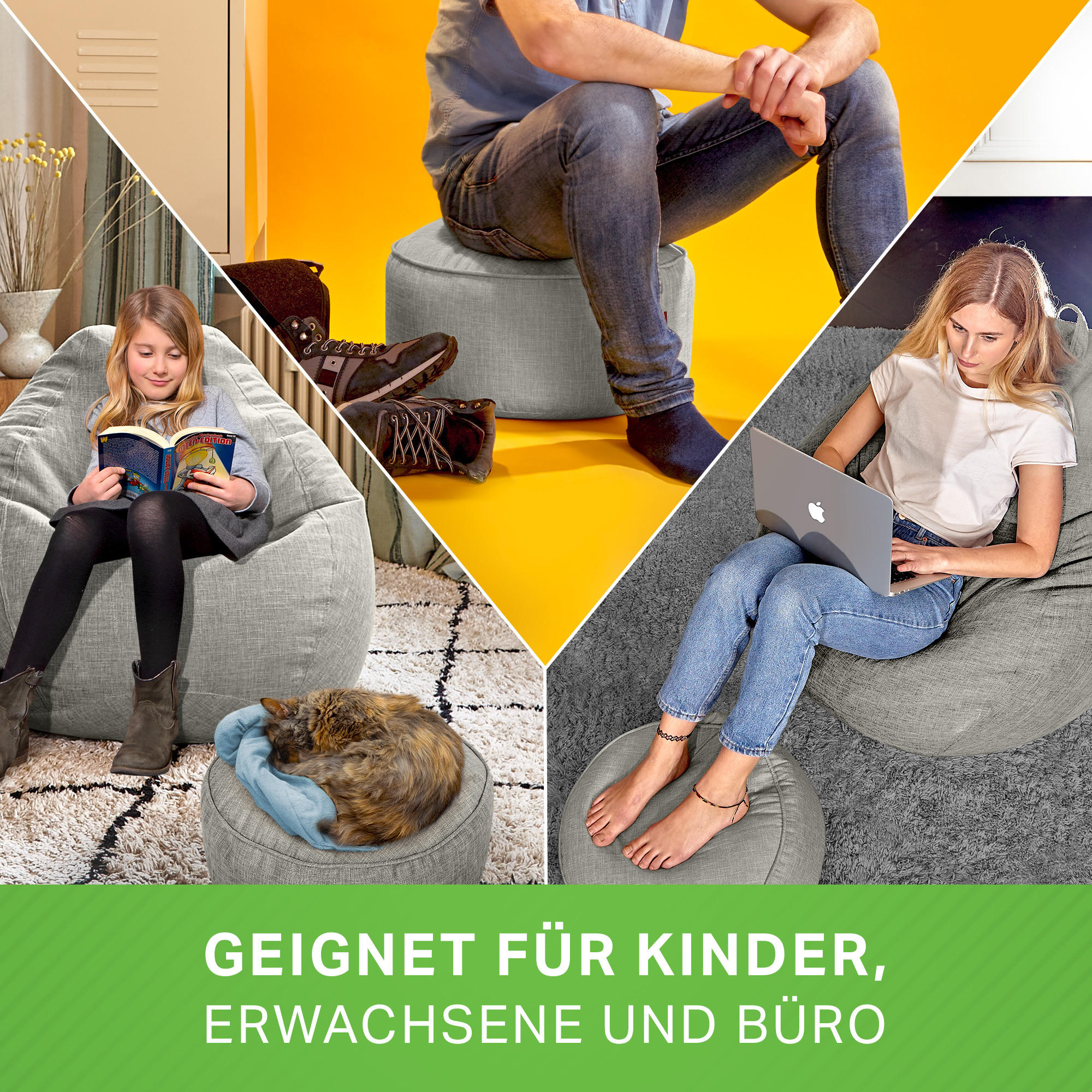 Thumbnail - Green Bean Xxl-Sitzsack, Grau, Textil, Füllung: Styroporkugeln, Rund, 100x120x50 cm, Hergestellt in Deutschland, Wohnzim...